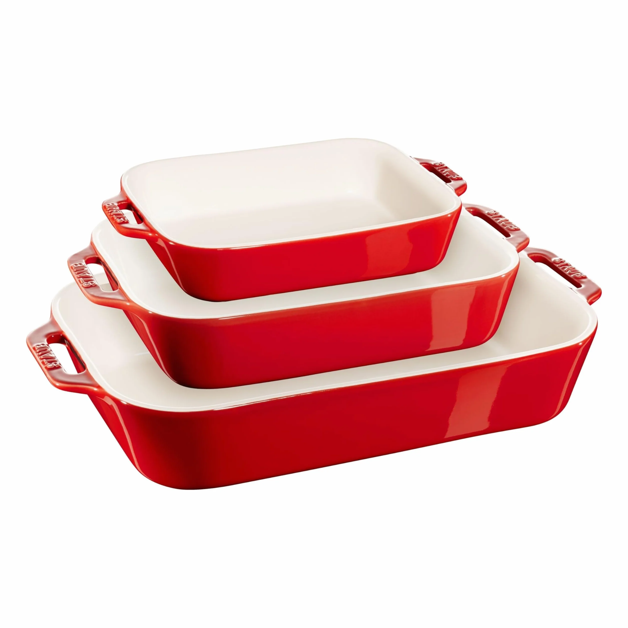STAUB Ceramique - Set di 3 piastre rettangolari in ceramica, per forno e casseruola, adatto al forno, al congelatore - Ciliegia