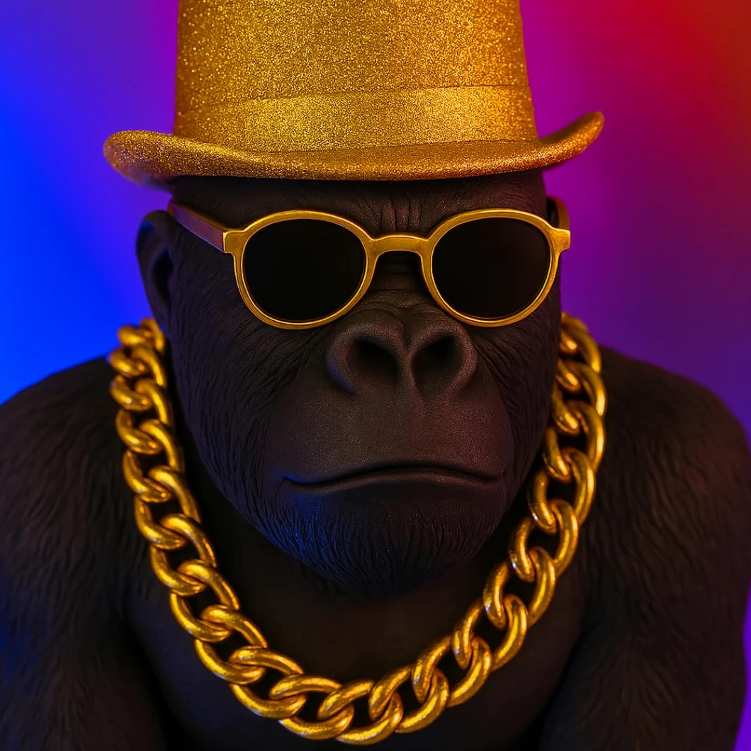 Bongo Gold – Statua Gorilla dorata di alta qualità, statuetta decorativa con occhiali e catena dorata – scultura di design XXL – creazione francese di eccezione per soggiorno ufficio