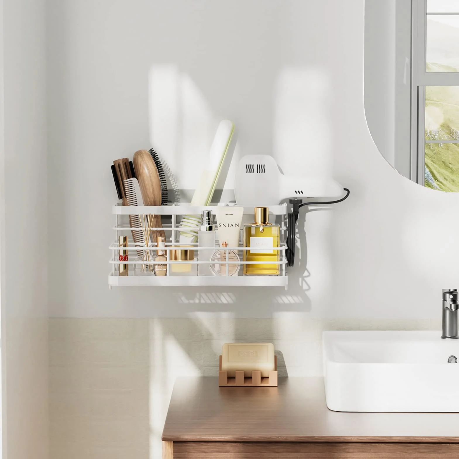 VITVITI Porta Phon Bagno da Muro, Porta asciugacapelli da Parete in Metallo, Senza Foratura Supporto Asciugacapelli, Organizer Bagno piastra per capelli, ferro arricciacapelli (Bianco)