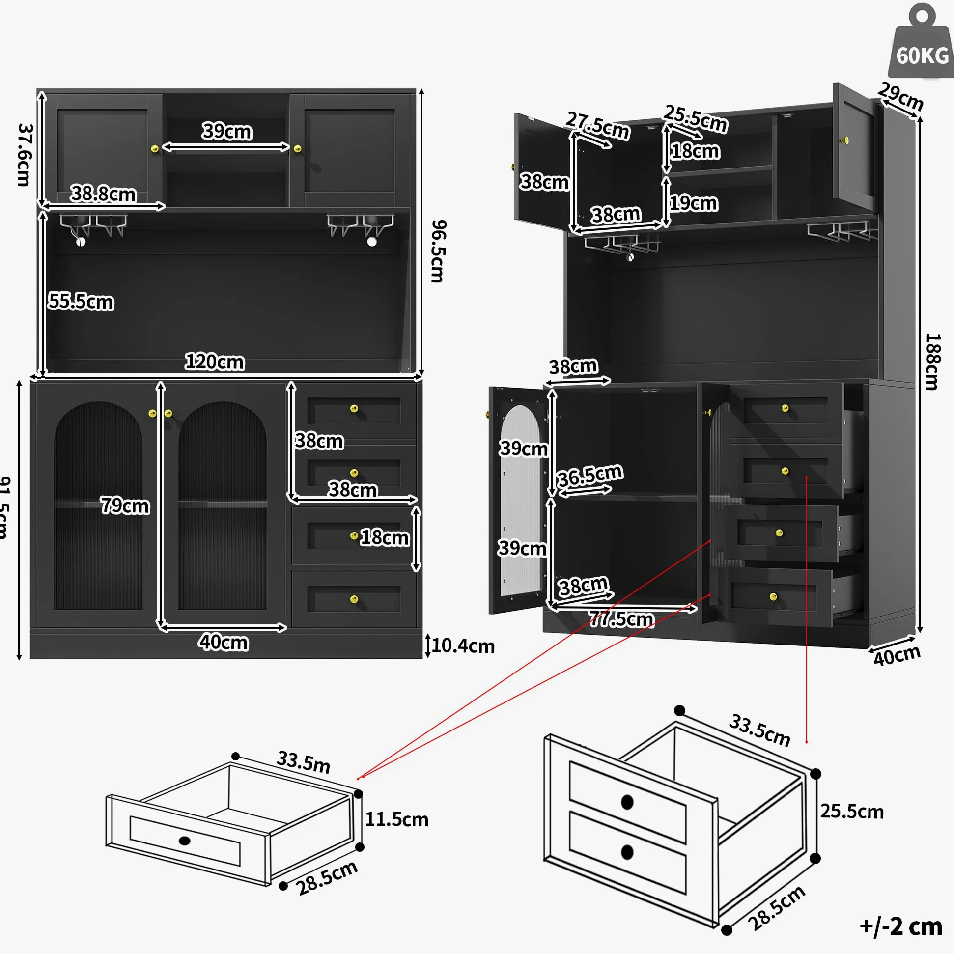 Mobile da cucina a buffet, 120 x 40 x 188 cm, stile rustico, 4 ante, con striscia luminosa a LED e porta bevande, colore nero.