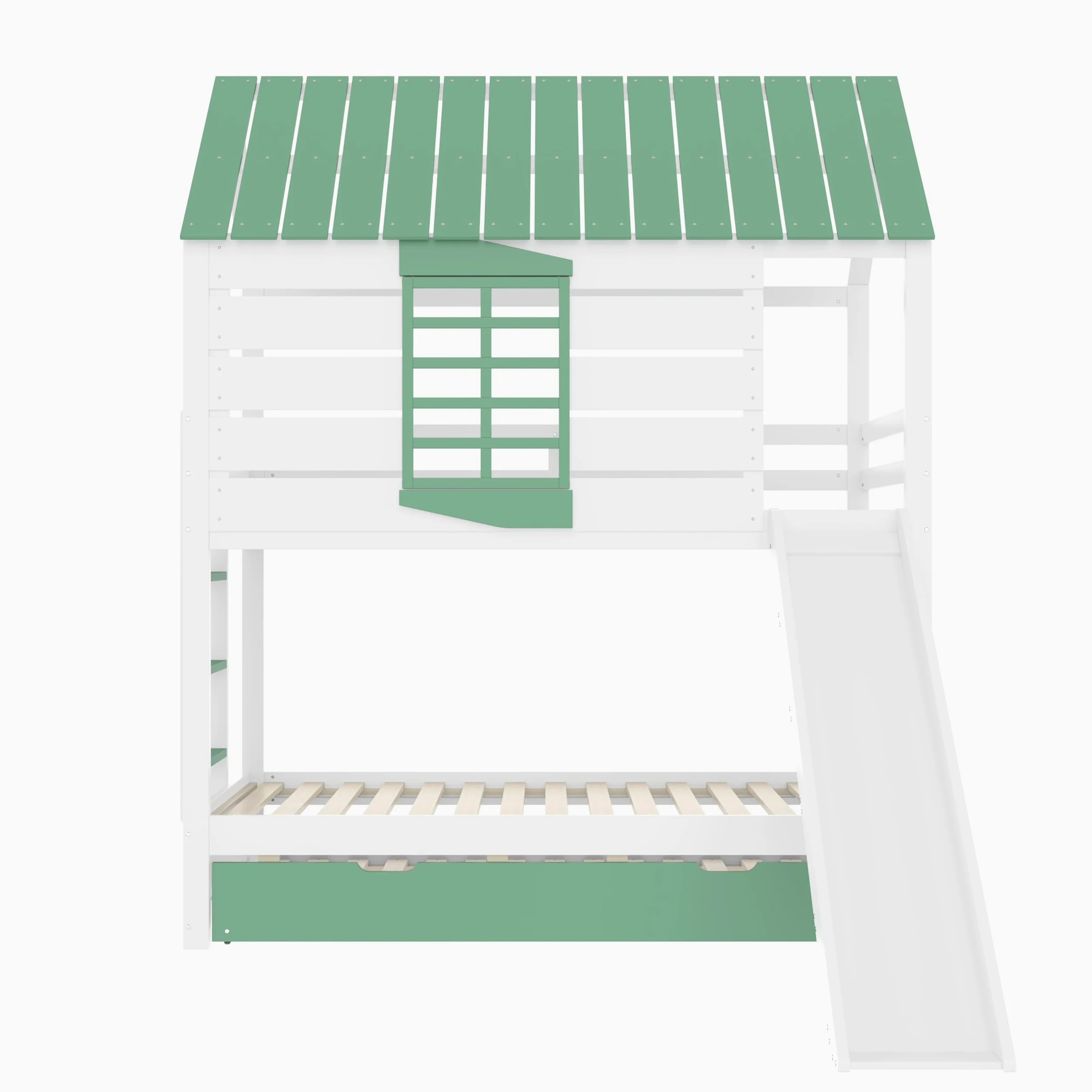 Moimhear Lettino a soppalco, con tetto di casa, con finestre, culla in legno, letto a castello con scivolo, pino+MDF, bianco+verde (90 x 200 x 2 + 90 x 190 cm, con letto estraibile)