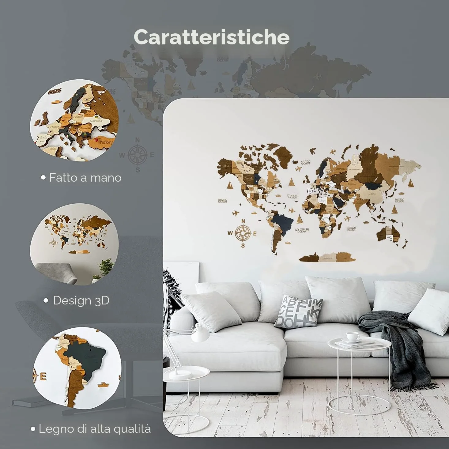 WoodLeo Mappa del mondo in legno,grande decorazione da parete in 3D,dimensioni (M & L & XL),idea regalo per ogni occasione,decorazione da parete per casa,cucina o ufficio