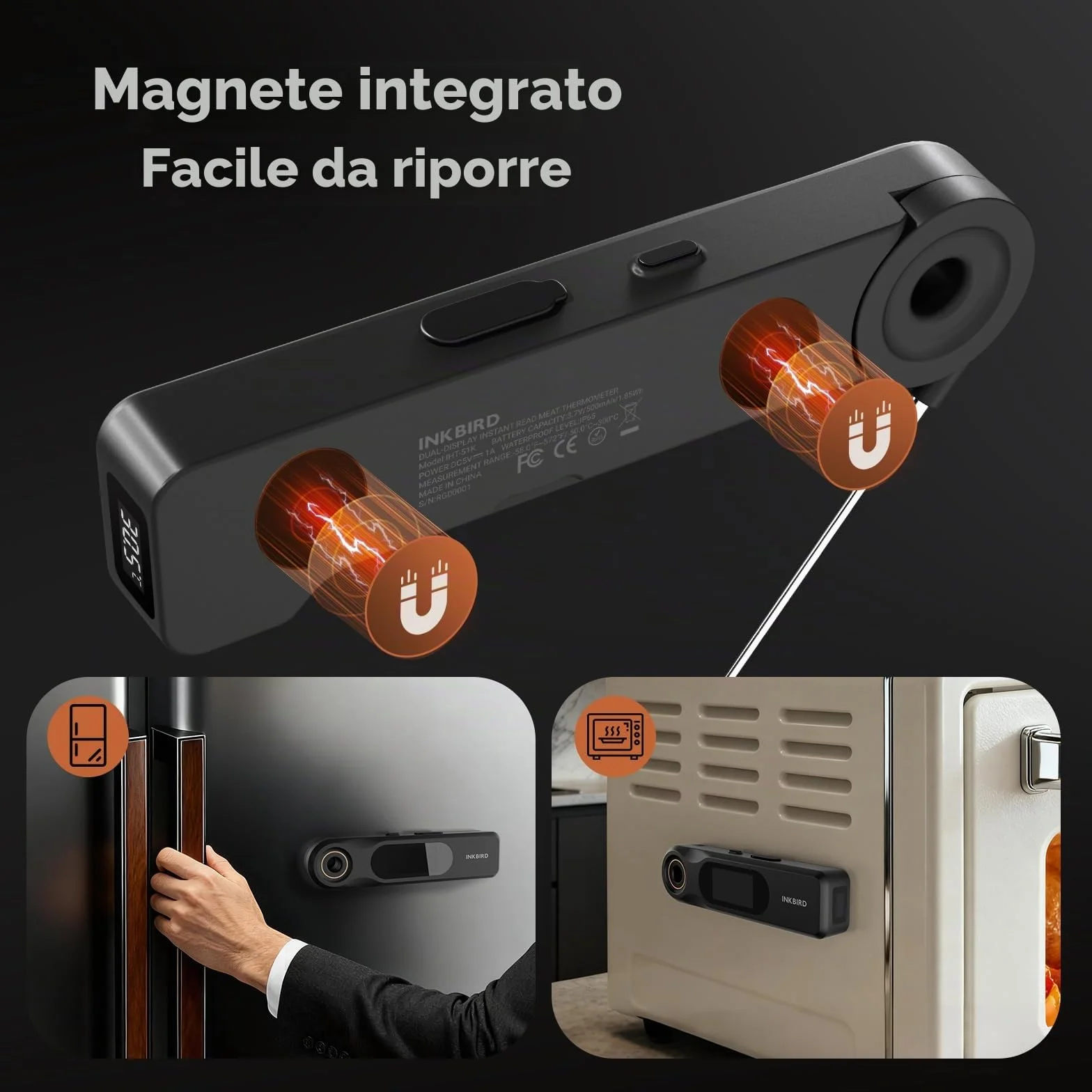 INKBIRD Termometro Alimentare a Lettura Istantanea a Doppio Display,Due Schermi,Risposta Super Rapida 0,5 Sec,Impermeabile IP65 Corpo Intero,Ideale per Cucina, Grigliate,Forno,Preparazione Bevande