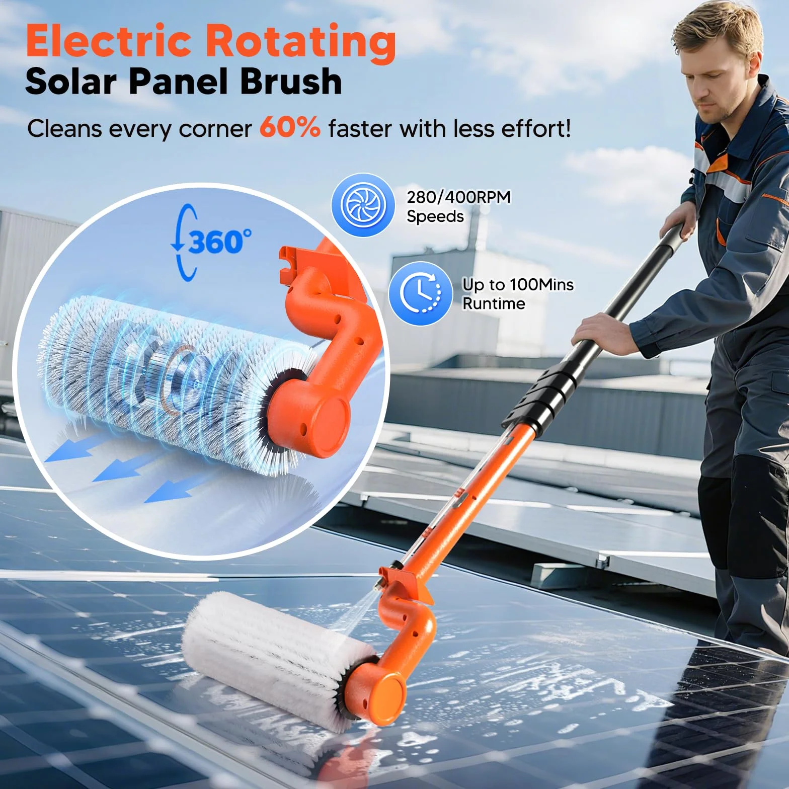 Spazzola Elettrica per la Pulizia di Pannelli Solari: Kit di Pulizia per Pannelli Solari con Asta Regolabile Alimentata ad Acqua da 6,1 m con Tubo dell'Acqua da 7 m - Spazzola Fotovoltaica