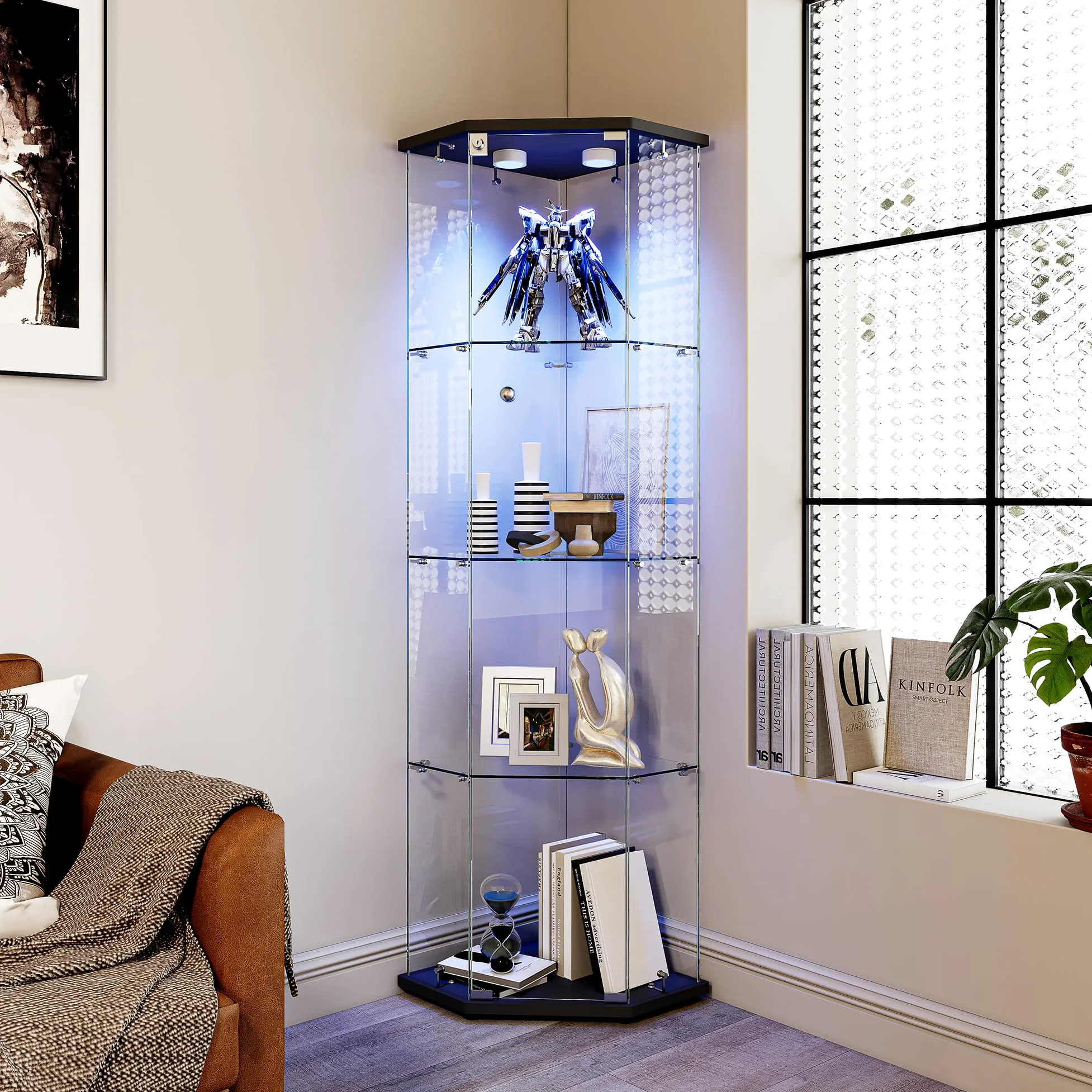 Vetrina Angolare in Vetro con illuminazione a LED, Espositiva Vetrina a 4 Strati da Collezione con Serratura, per Oggetti da Collezione, Libri, 4 Ripiani 1 Ante, Nero A