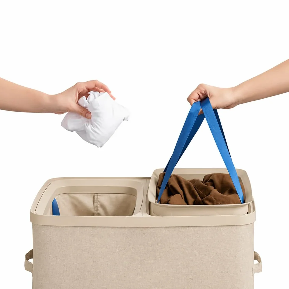 BAKAJI Cesto Portabiancheria Sporca a 2 Scomparti, Cestino Doppio in Poliestere con Sacchi Estraibili per Biancheria e Bucato con Maniglie, Coperchio Antiodore, 56 x 40 x 67 cm (Beige)