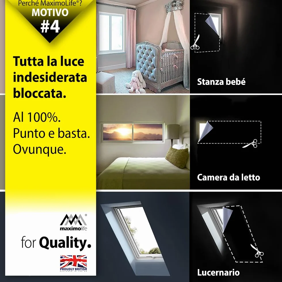 Tenda oscurante MaximoLife® Ultimate 100% | Adatta a finestre di qualsiasi dimensione/forma | Griglia guida di taglio per un taglio più facile | Ventose potenti | Gancio e passante resistenti