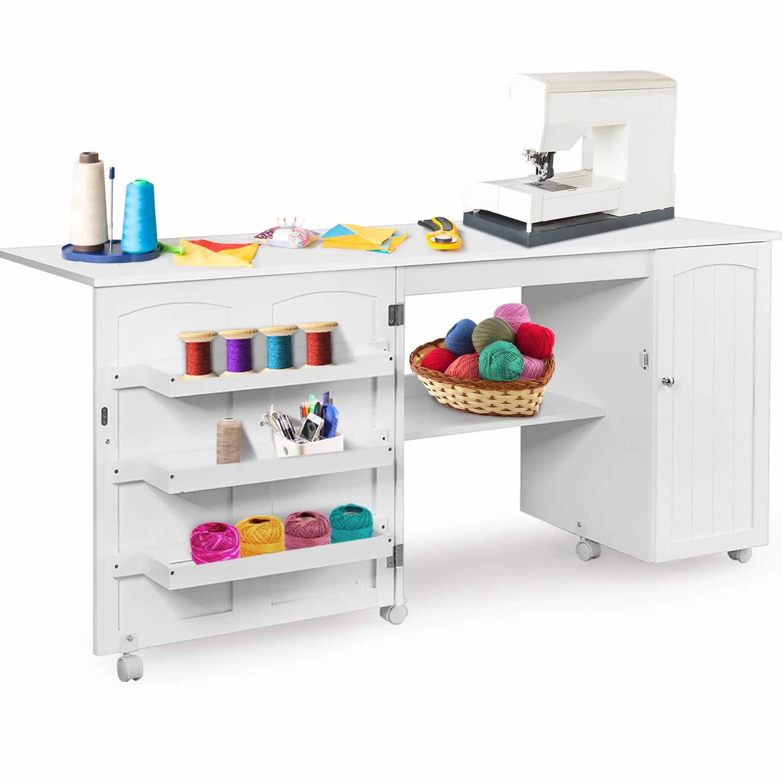 LIFEZEAL 3 in 1 Armadietto per Cucito, Tavolo per Macchina da Cucire, Salvaspazio, Pieghevole, Mobile, Tavolo da Stiro, Credenza, 6 Ruote, 3 Mensole e 1 Ripiano, Ampio Piano, 158,5x50x74cm (bianco)