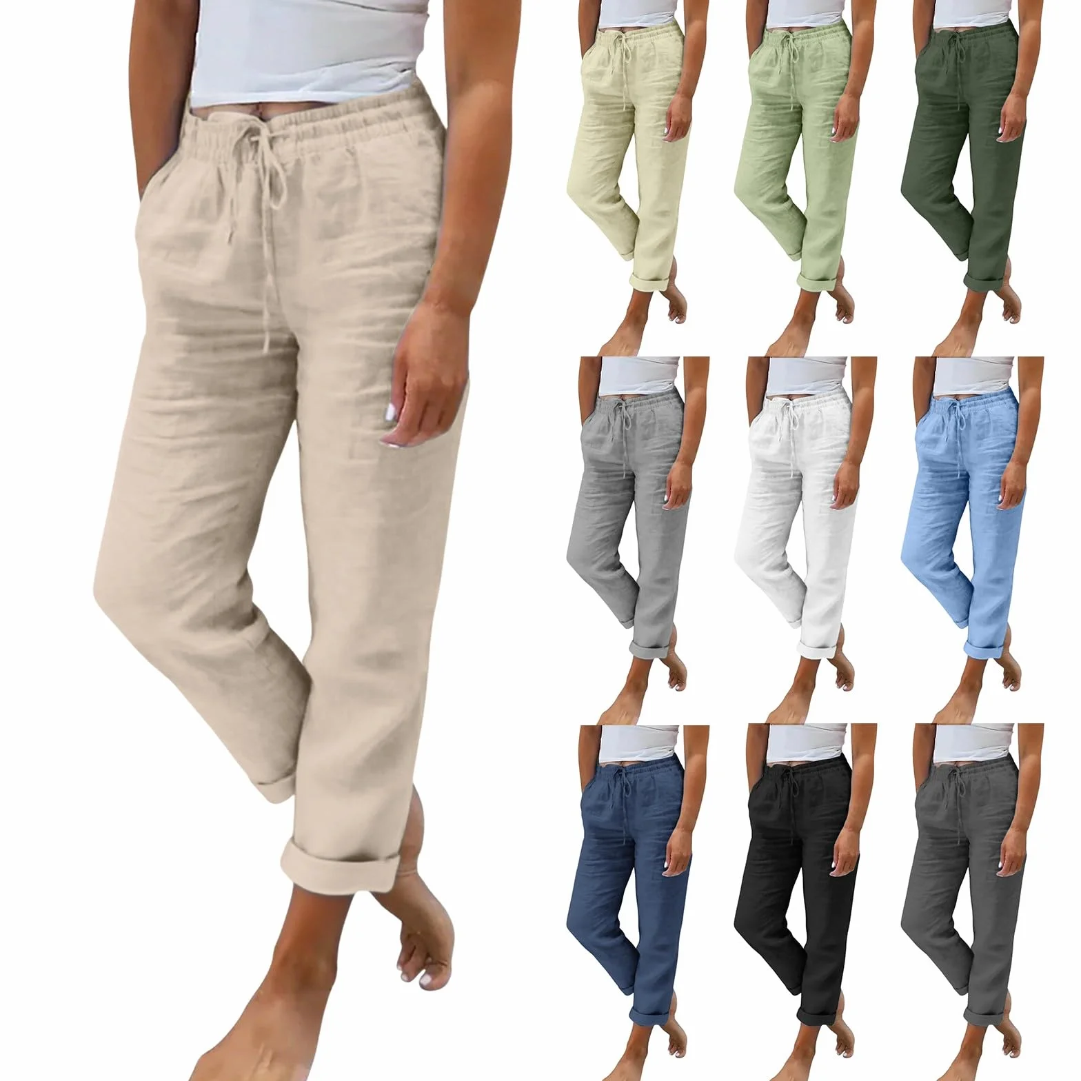 Pantaloni Donna Estivi Pantalone Lino Cotone Larghi Estivo Tasche Gamba Coulisse Tinta Unita Eleganti Pants Pantalone Traspirante Pantaloni Palazzo Donna Estivi Abbigliamento Estivo Elegante