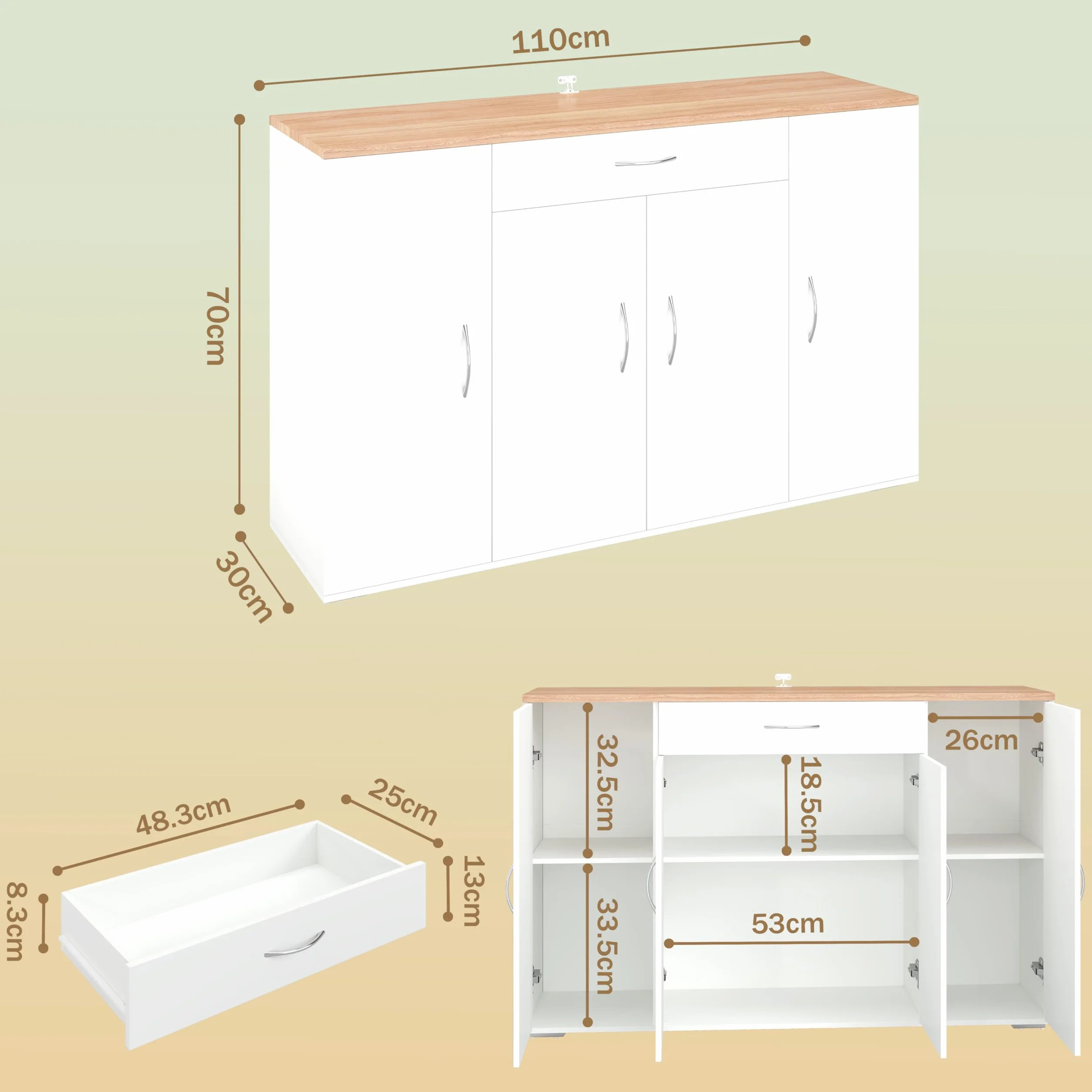 Credenza Cucina Bianca con Piano di Lavoro 110 x 30 x 70 cm Mobile Cucina Salvaspazio con Cassetto e 4 Ante Dispensa Cucina Madia Soggiorno Sala da Pranzo Moderna