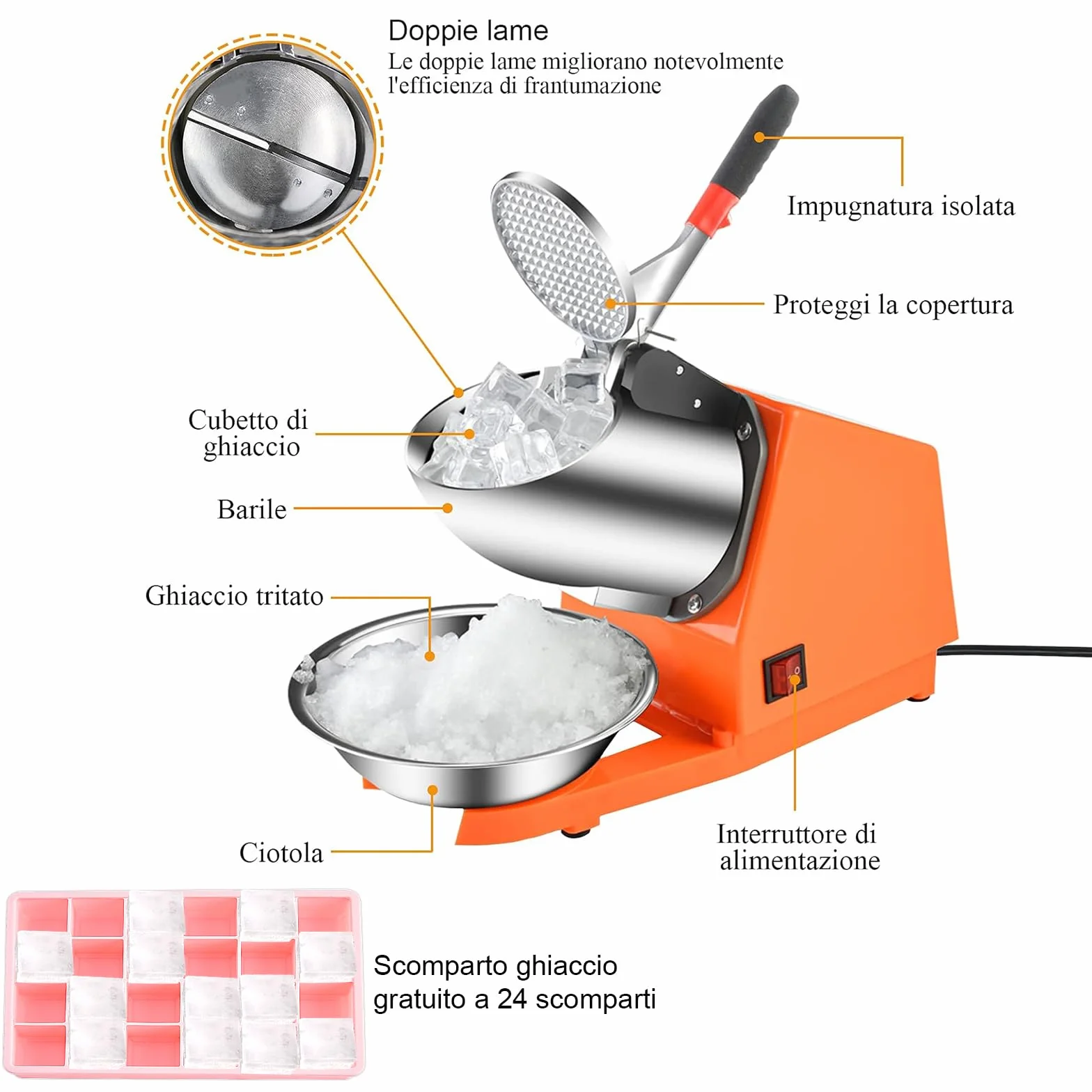 Tritaghiaccio Elettrico 300W,Tritaghiaccio a Doppia Lama,Tritaghiaccio Elettrico Professionale con Ciotola in Acciaio Inossidabile,Acciaio Inossidabile,per Bar e Ristoranti(Arancia)
