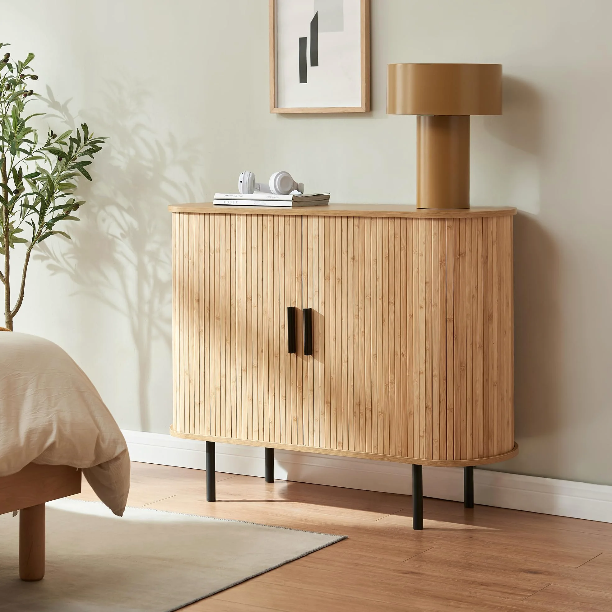 [en.casa] Mobile Multiuso a 2 Ante Scorrevoli in Bambù Scarpiera con 3 Ripiani Vani Portascarpe Comò Stretto Piano Ovale per Ingresso Soggiorno Camera da Letto 100x40x80 cm - Naturale/Nero