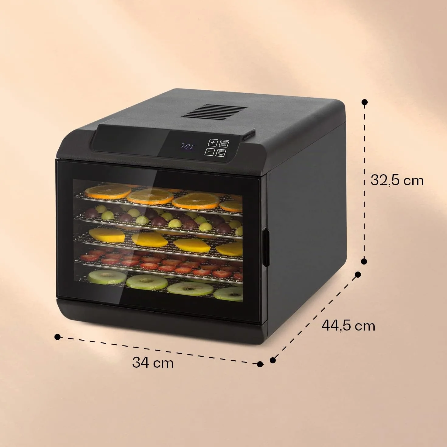 KLARSTEIN Arizona - Disidratatore, Essiccatore di Carne e Frutta, Essicatrice, 500 Watt, 35-70 ° C, 6 Ripiani Lavabili in Lavastoviglie, Nero
