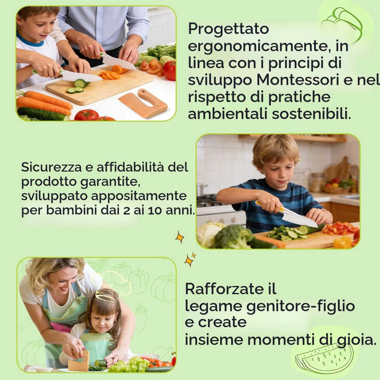 Set di 8 coltelli da cucina per bambini, per tagliare e cucinare, frutta o verdura, incluso coltello in legno, tagliere e pelapatate, pesce