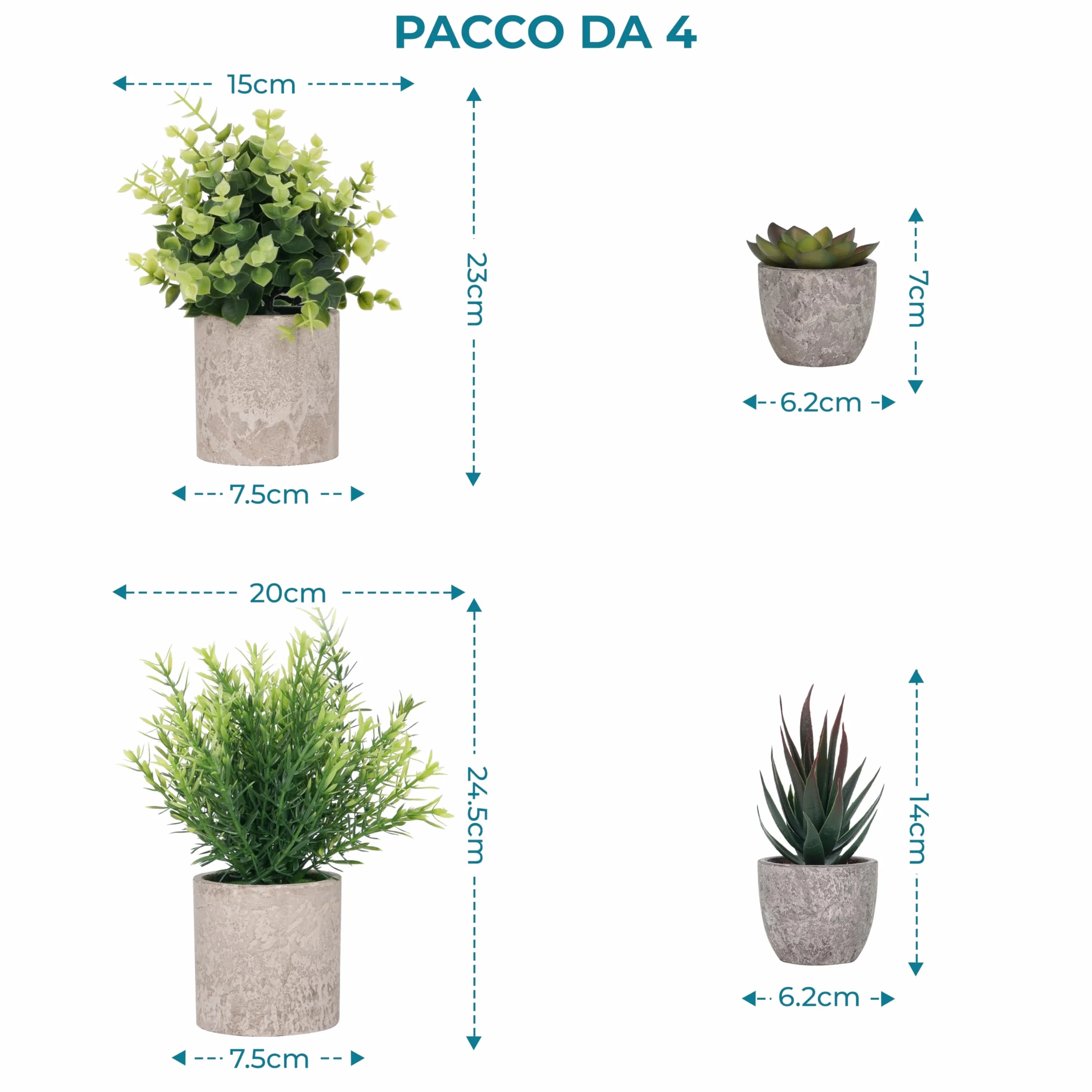 Winter Shore Piante Finte Piccole Verdi Set da 4 - Piantina Finta Decorativa con Fascino Rustico - Piante da Interno in Vaso per Bagno e Ufficio - Eucalipto e Piante Grasse Finte