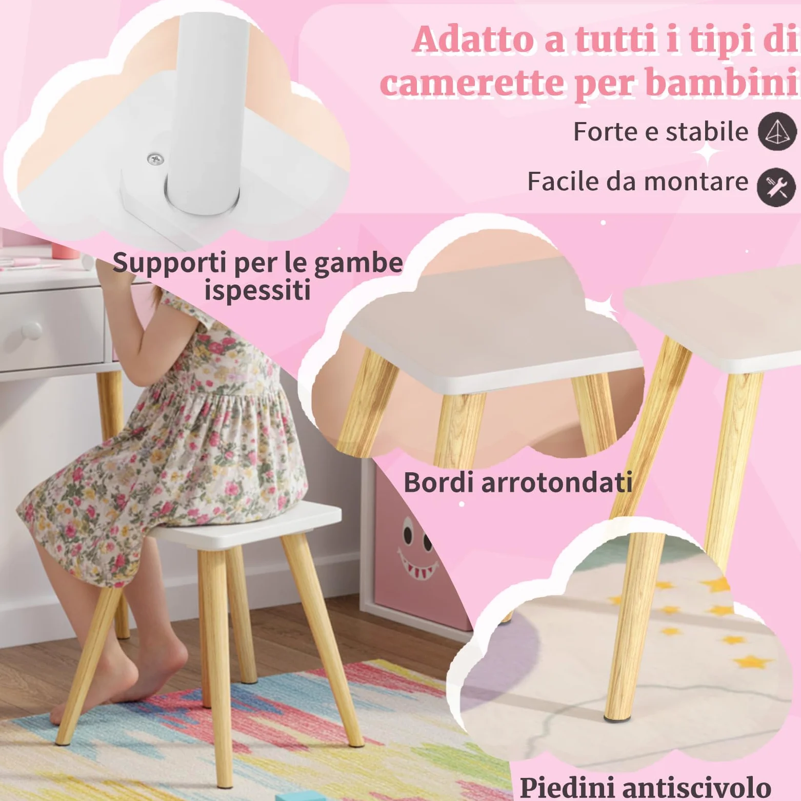 Clevich 2 in 1 Toeletta Trucco Bambina, Toeletta per Bambini con Specchio, 2 Cassetti, Scrivania in Legno con Sgabello, Robusto e Durevole, per Bambini dai 3-8 Anni, Rosa