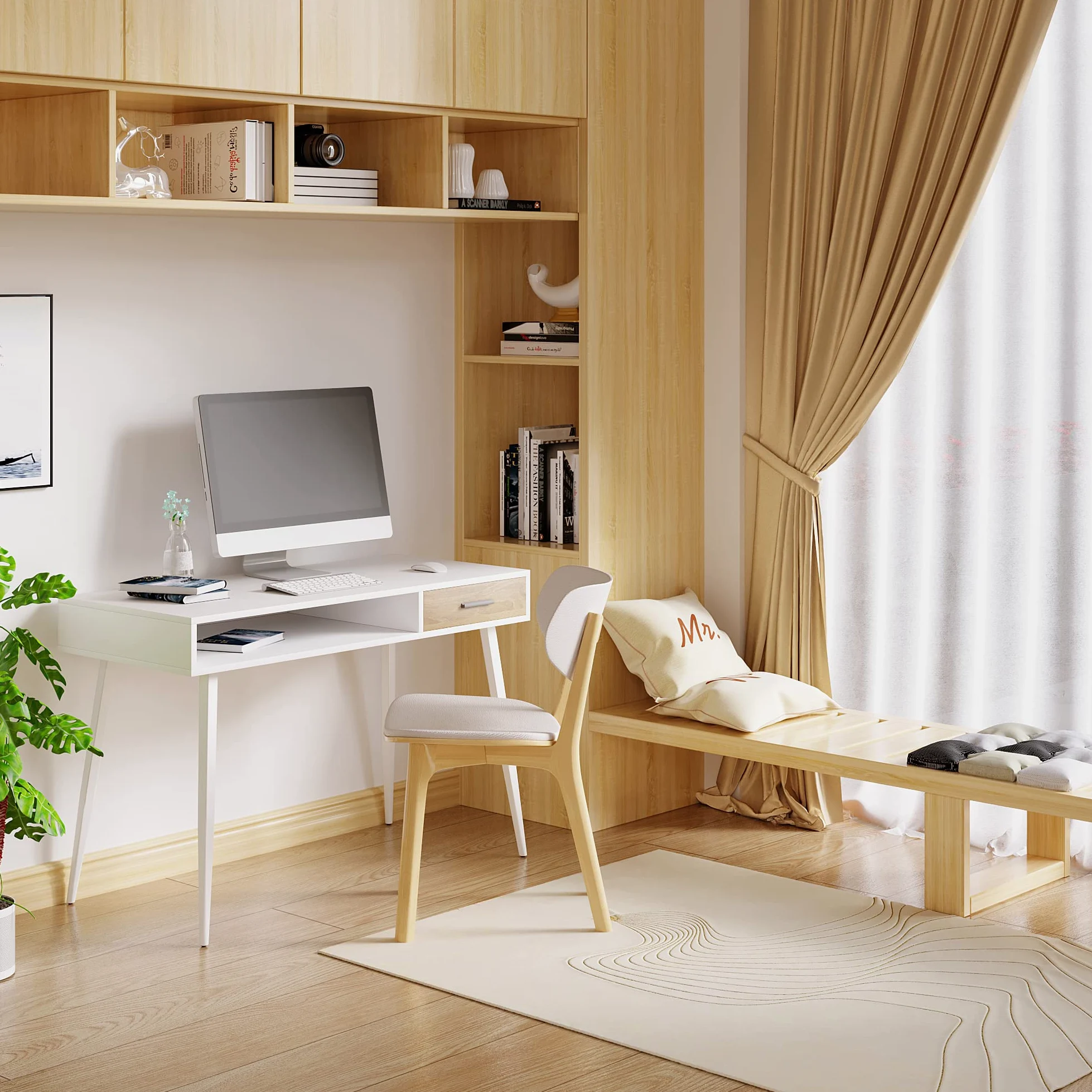 WOLTU Scrivania Bianca, Tavolo PC | con Cassetto e Ripiano, per Studio/Camera, 110x50x75 cm, Struttura Acciaio + Piano Legno