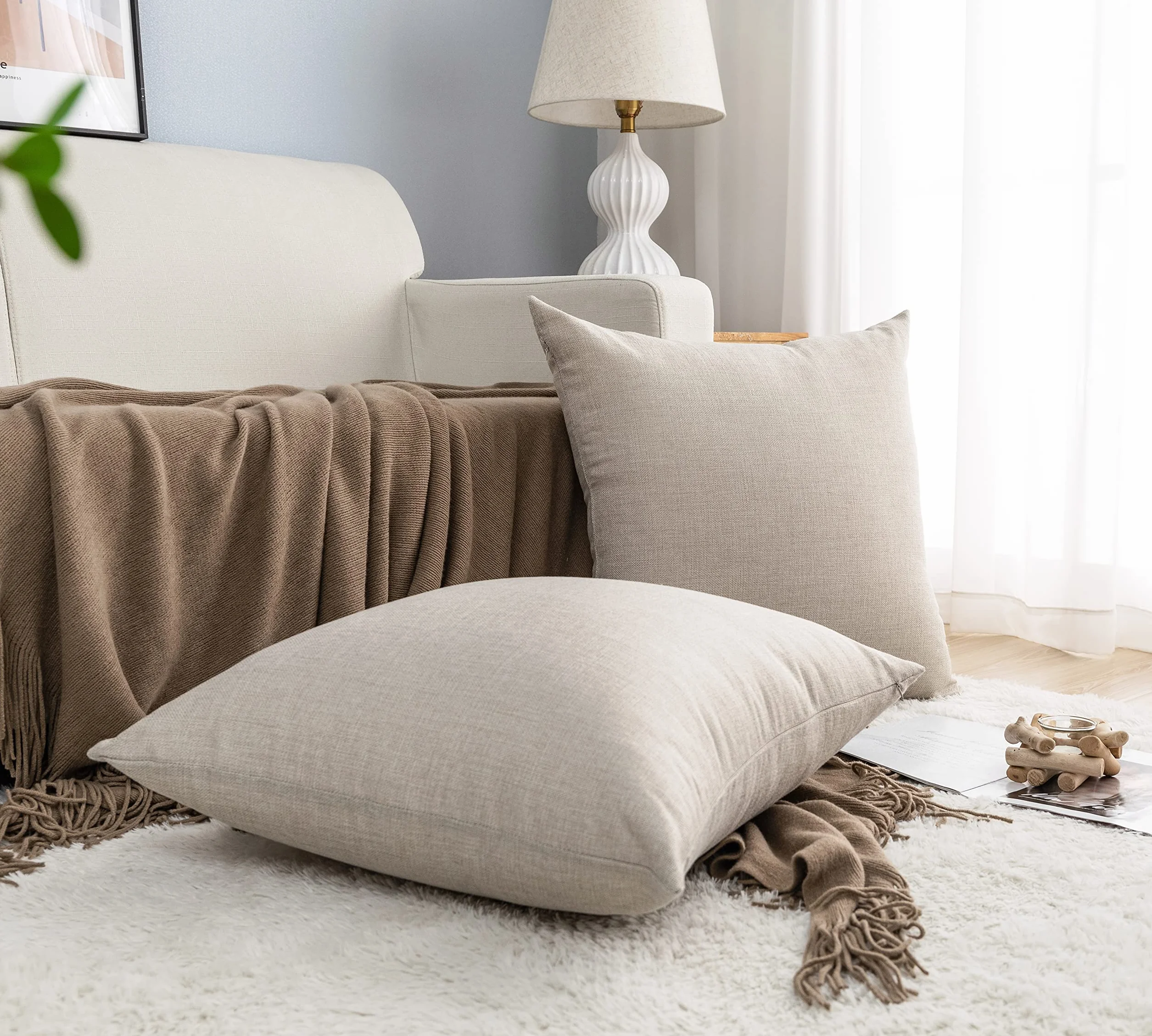 GIRASOLE HOME Coppia Federe Cuscini in Simil Lino Antiacaro e Ipoallergenico Per Divano e Letto Copricuscini Arredamento Casa con Zip Invisibile 2 pezzi (60x60cm, Tortora)