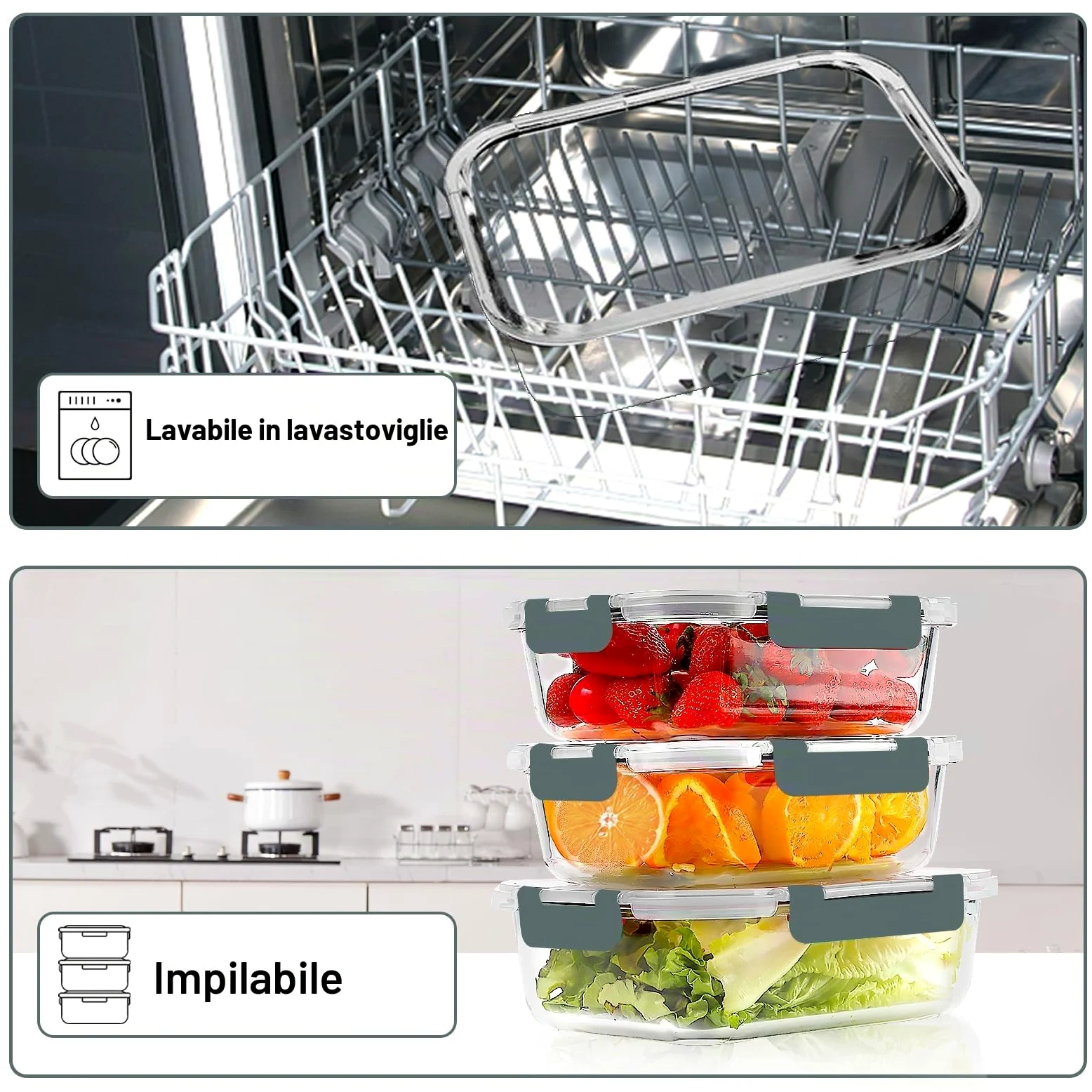 VERONES 10 scatole di vetro per il pranzo, contenitore impilabile in vetro per alimenti con coperchio, senza BPA, adatto a microonde, forno, frigorifero e lavastoviglie, grigio