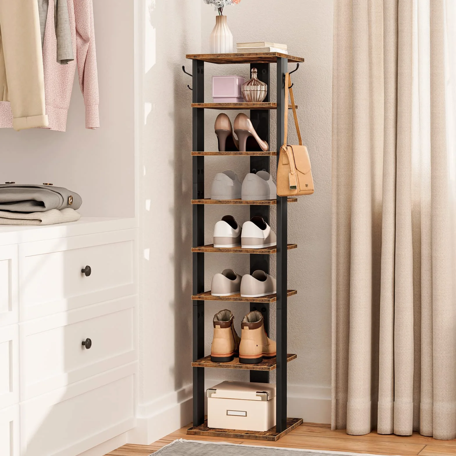 HOOBRO Scarpiera a 8 Livelli, Scaffale Portascarpe Stretta con 2 Ganci, fino a 10 paia, per Ingresso