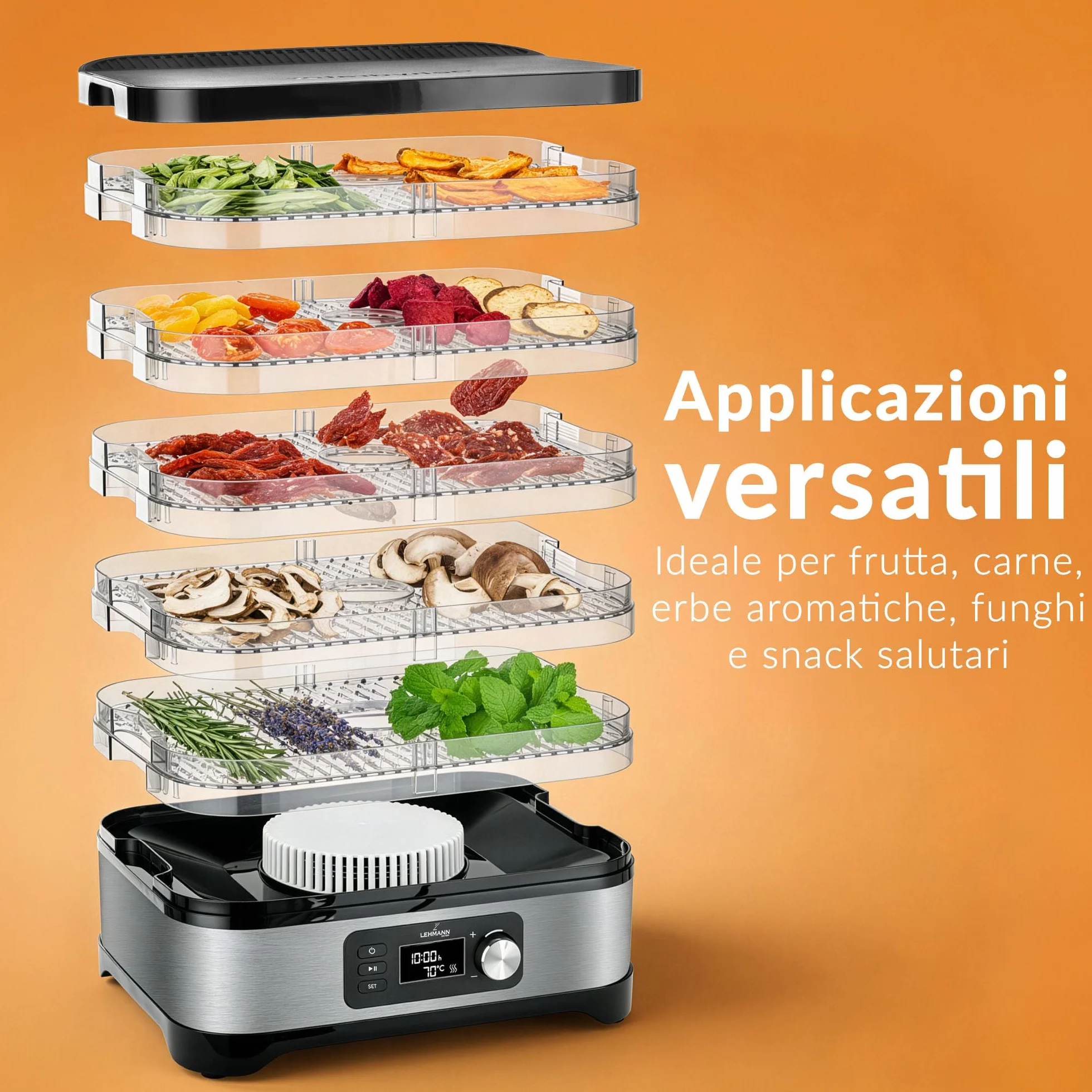 LEHMANN Essiccatore Alimentare, 5 Vassoi Regolabili in Altezza, Regolazione Temperatura 35-70°C, Timer 24h, BPA Free, Acciaio Inox, Essiccatore per Alimenti, Funghi, Frutta, Carne e Verdura
