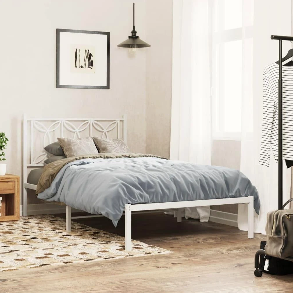 vidaXL Telaio letto con testiera, telaio del letto con rete a doghe in metallo, letto singolo per camera da letto, metallo bianco 100 x 190 cm