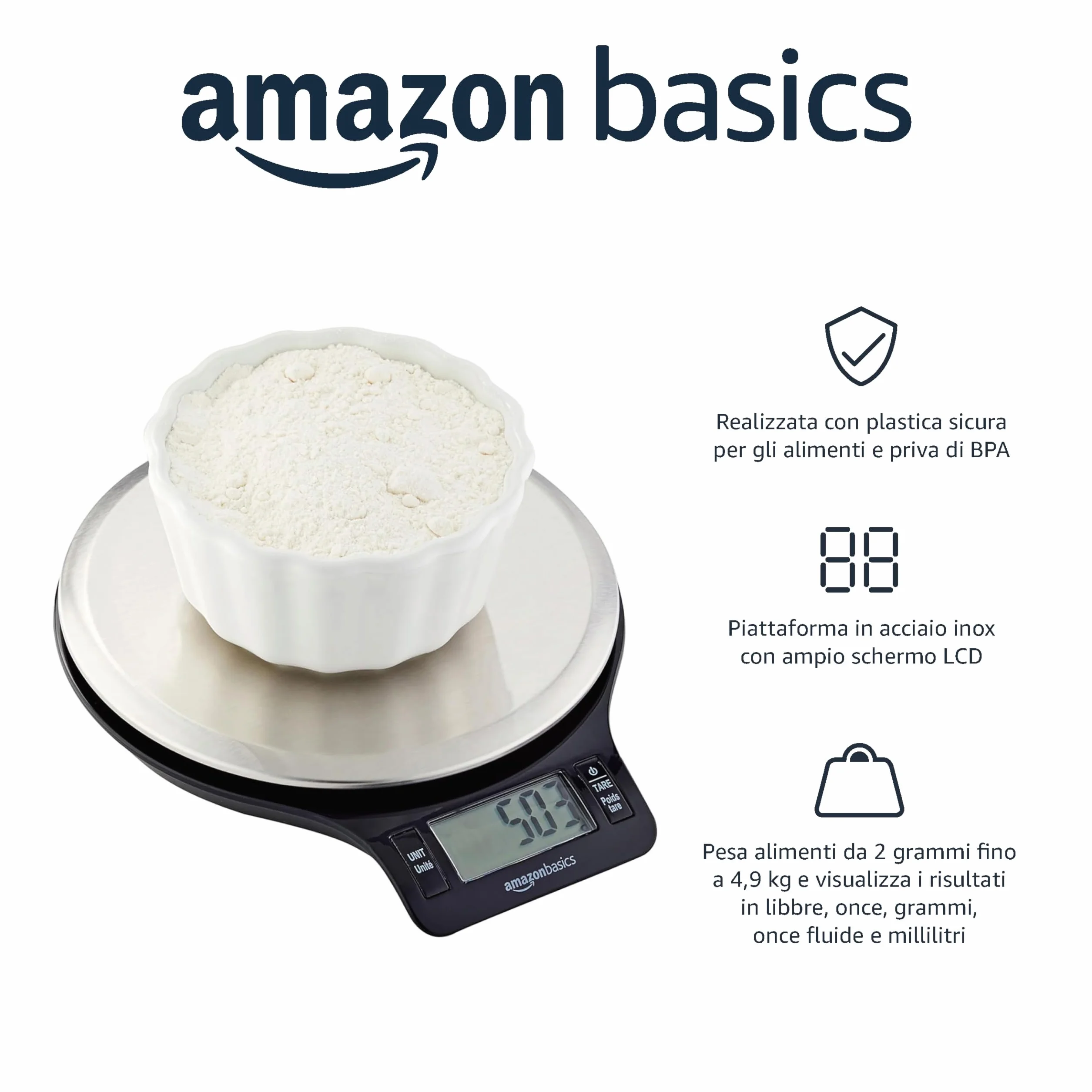 Amazon Basics Bilancia digitale da cucina con display LCD, priva di BPA, nero e acciaio inossidabile