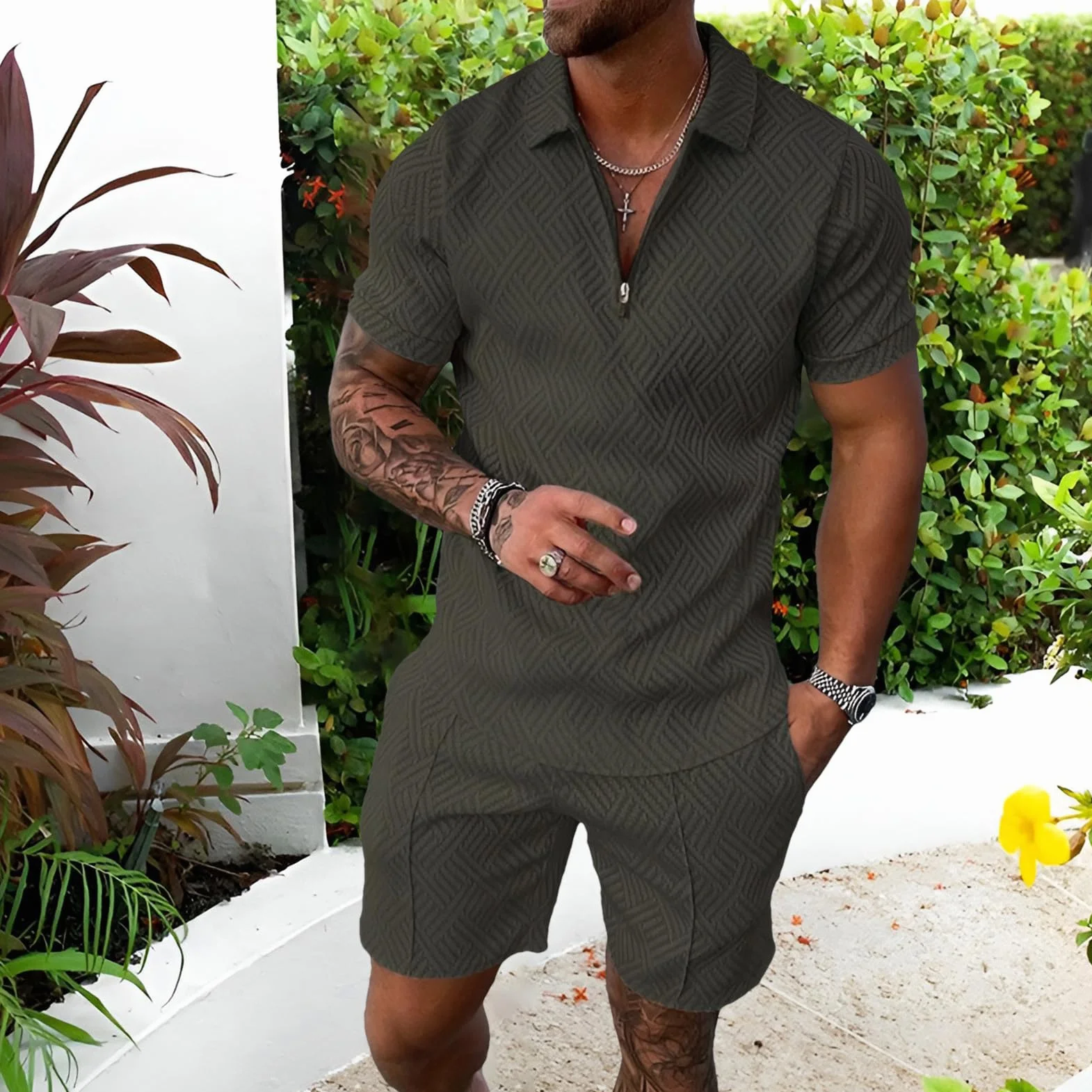 amropi Tuta Uomo Sportiva Maniche Corte Cerniera T-Shirt e Pantaloncini Estiva 2 Pezzi Set Completo