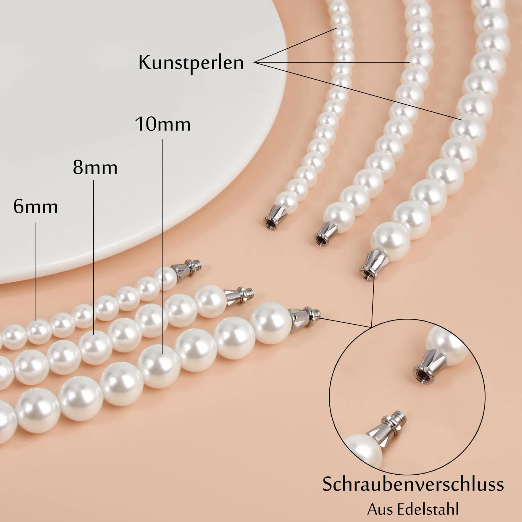 Candyfancy Collana di perle da uomo con perle bianche e rotonde, 40/45/50/55/60 cm, collana lunga con perle bianche per uomini, donne e ragazze, regali di perle 6/8/10 mm