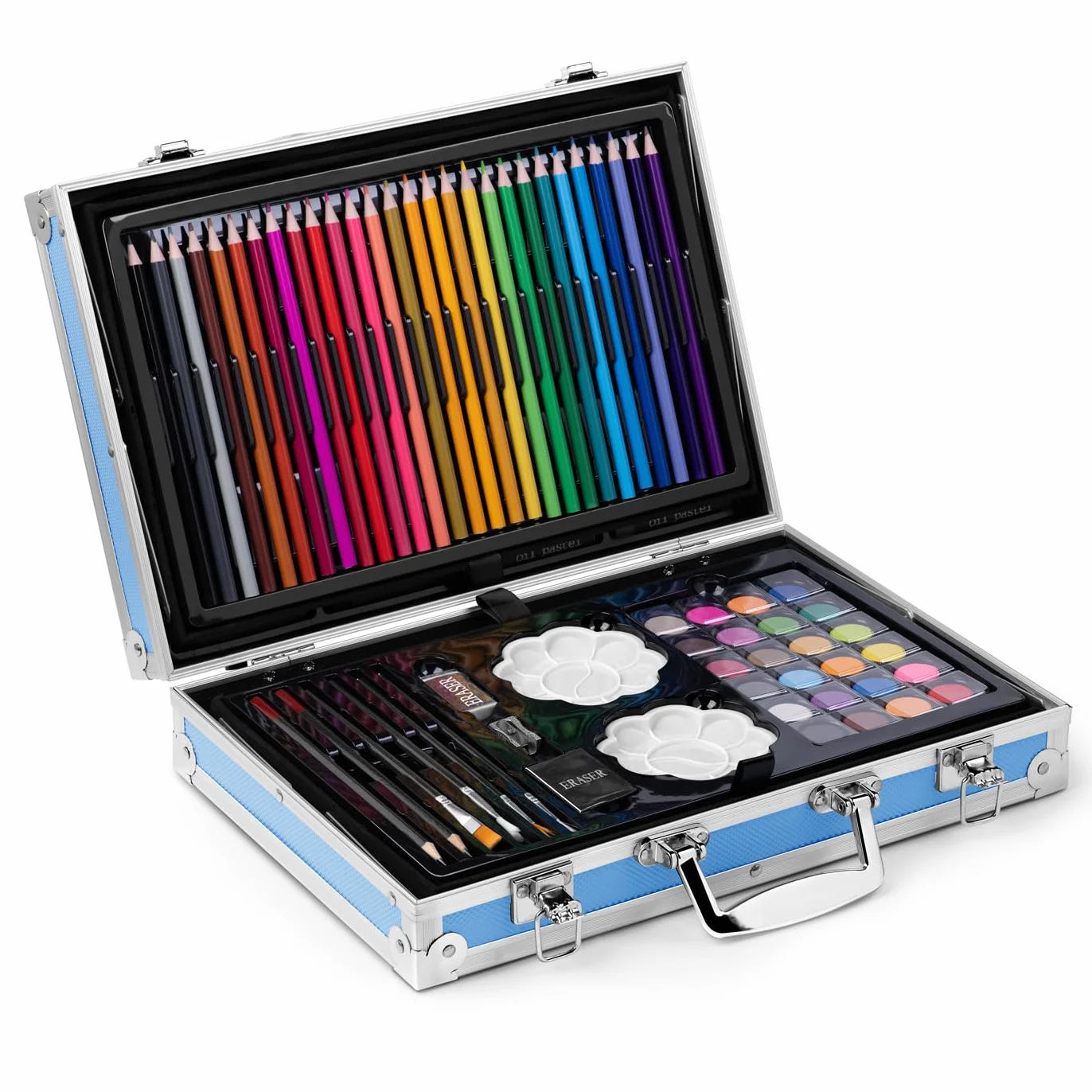 Maverton Valigetta Colori Personalizzata - Azzurra o Rosa a 2 Piani - Set Pittura e Disegno - Kit Matite Colorate Pastelli Pennarelli Colori a Matita - Regalo Bambini Compleanno