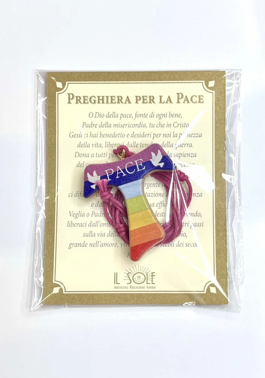 IL SOLE COLLANINE TAU DELLA PACE CON CORDONCINO COLORATO PREGHIERA IN ITALIANO E INGLESE 7 PZ