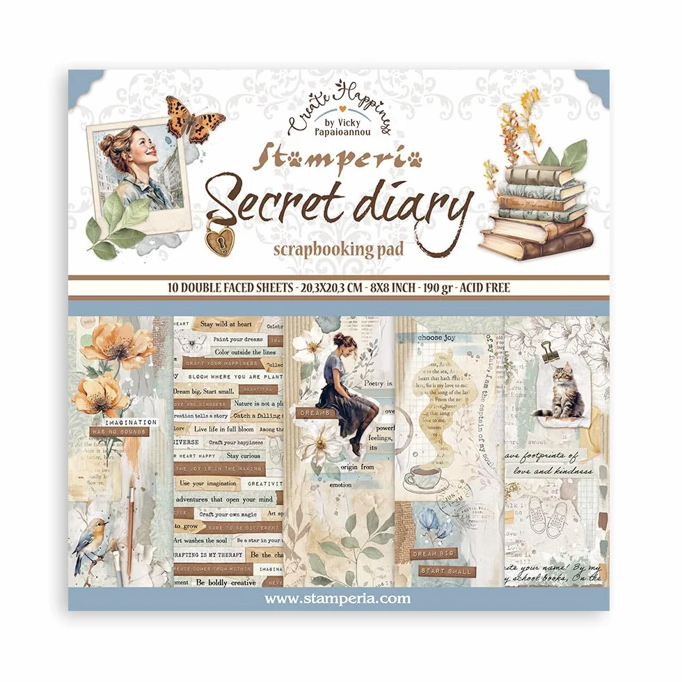 Stamperia Scrapbook Paper Pad 20,3 x 20,3 cm Secret Diary Acid Free Double Sided