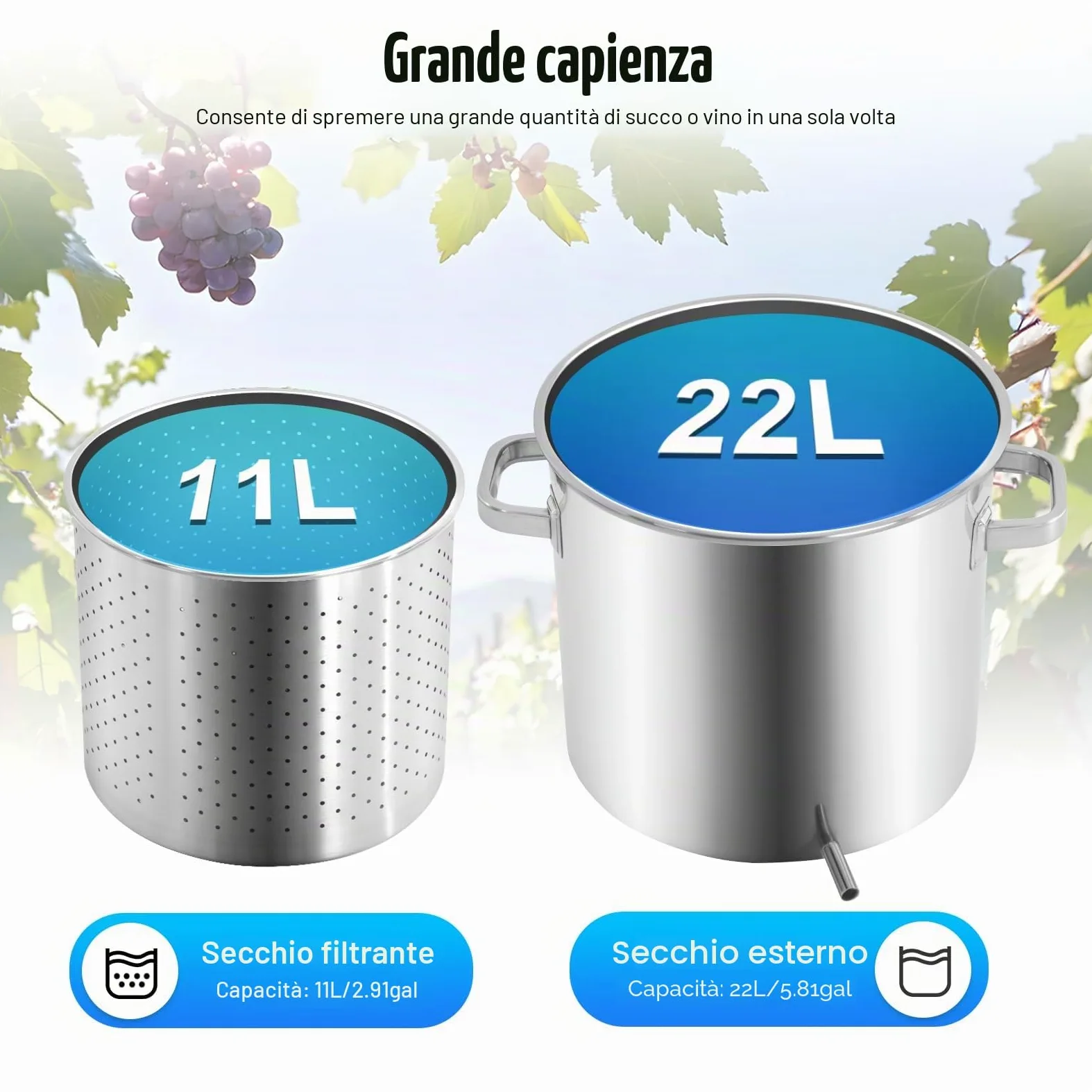 Torchio Idraulico per Frutta 22L, Spremifrutta in Acciaio Inox per Vino, Succo, Pressa Professionale Compatta, Uso Domestico e Cantina, con Filtro e Manici