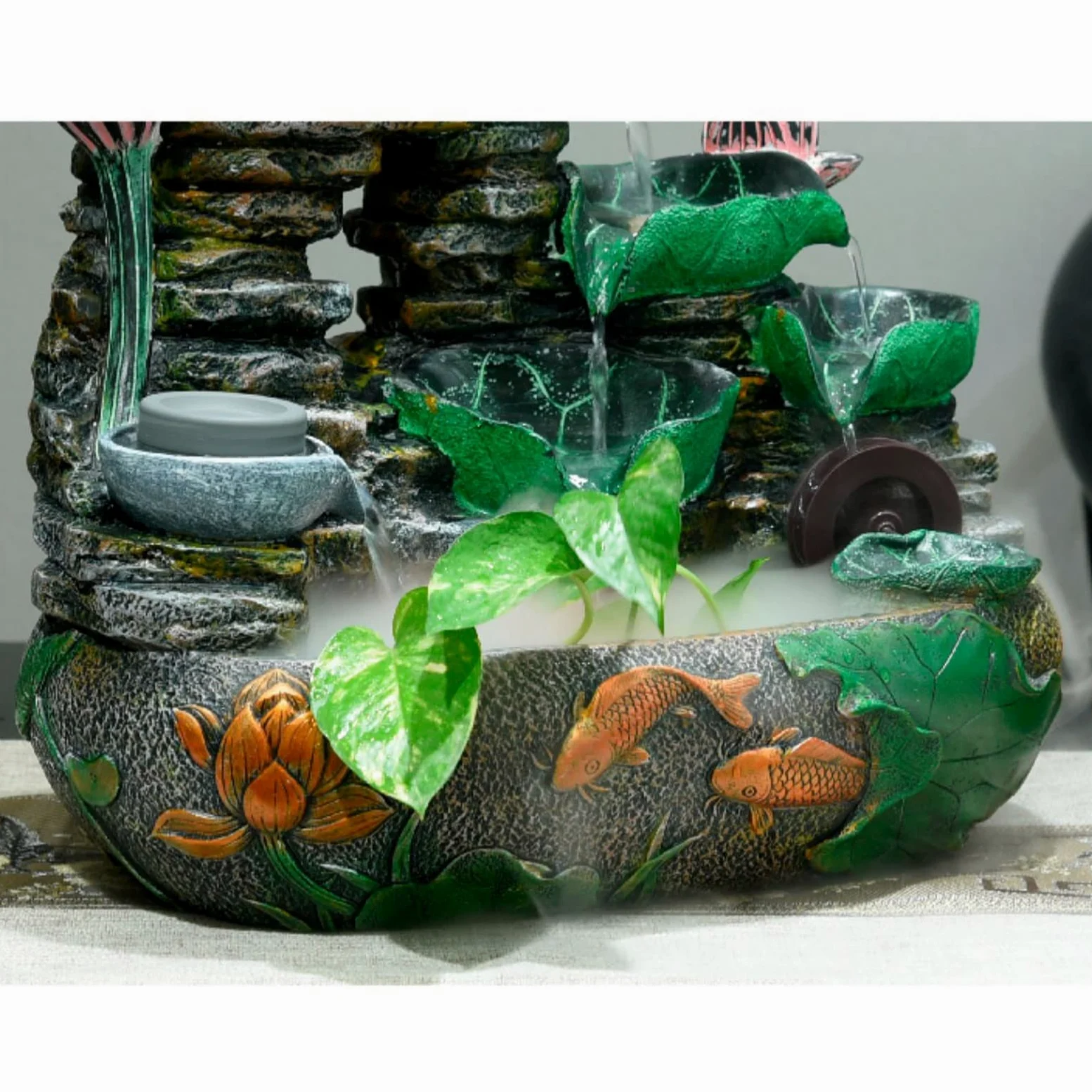 Fontana da Interno Feng Shui Fontana da tavolo con cascata di cascate di roccia a foglia di loto in resina, fontana da interno, con macchina for nebulizzazione d'acqua e pompa Fontana da interni(M)