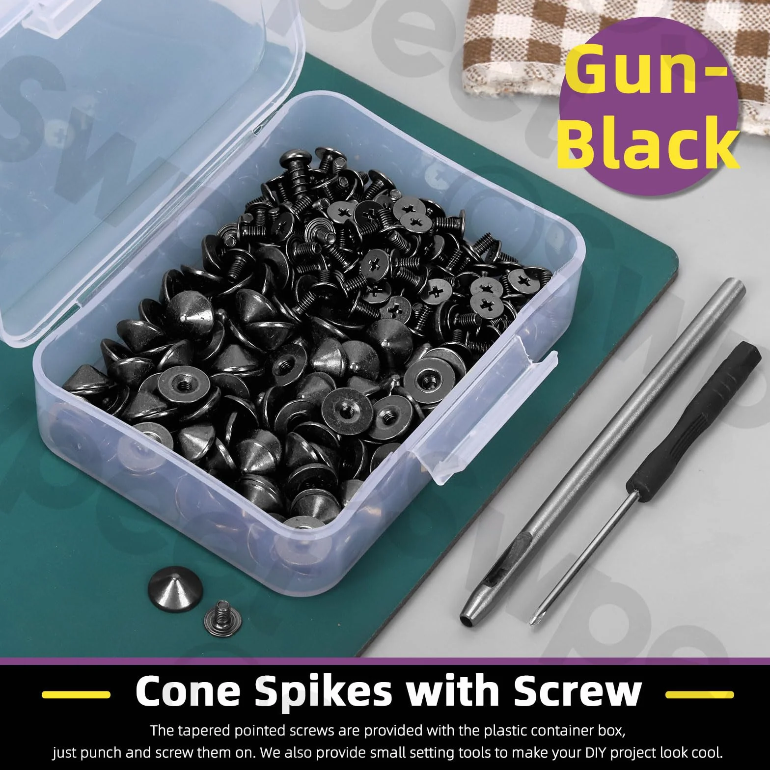 Swpeet Set di 102 punte a cono Gun Black e borchie con perforatore e cacciavite, viti per rivetti rapidi per artigianato in pelle, punte a cono Bullet Cone per abbigliamento, scarpe, artigianato in
