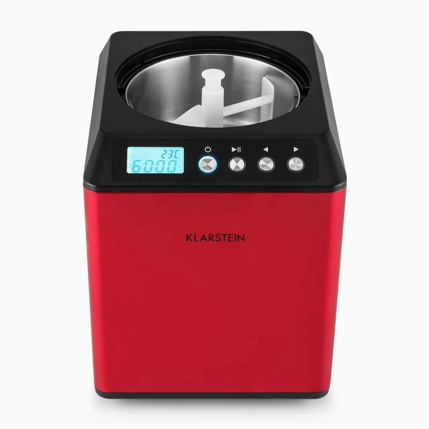 Klarstein Vanilla Sky - Macchina per Gelato, Funzione di Raffreddamento, Timer, 3-4 min, Display LED, Facile da Pulire, Acciaio Inox, Cucchiaio, 18 Watt, Capacità: 2 Litri, Rosso
