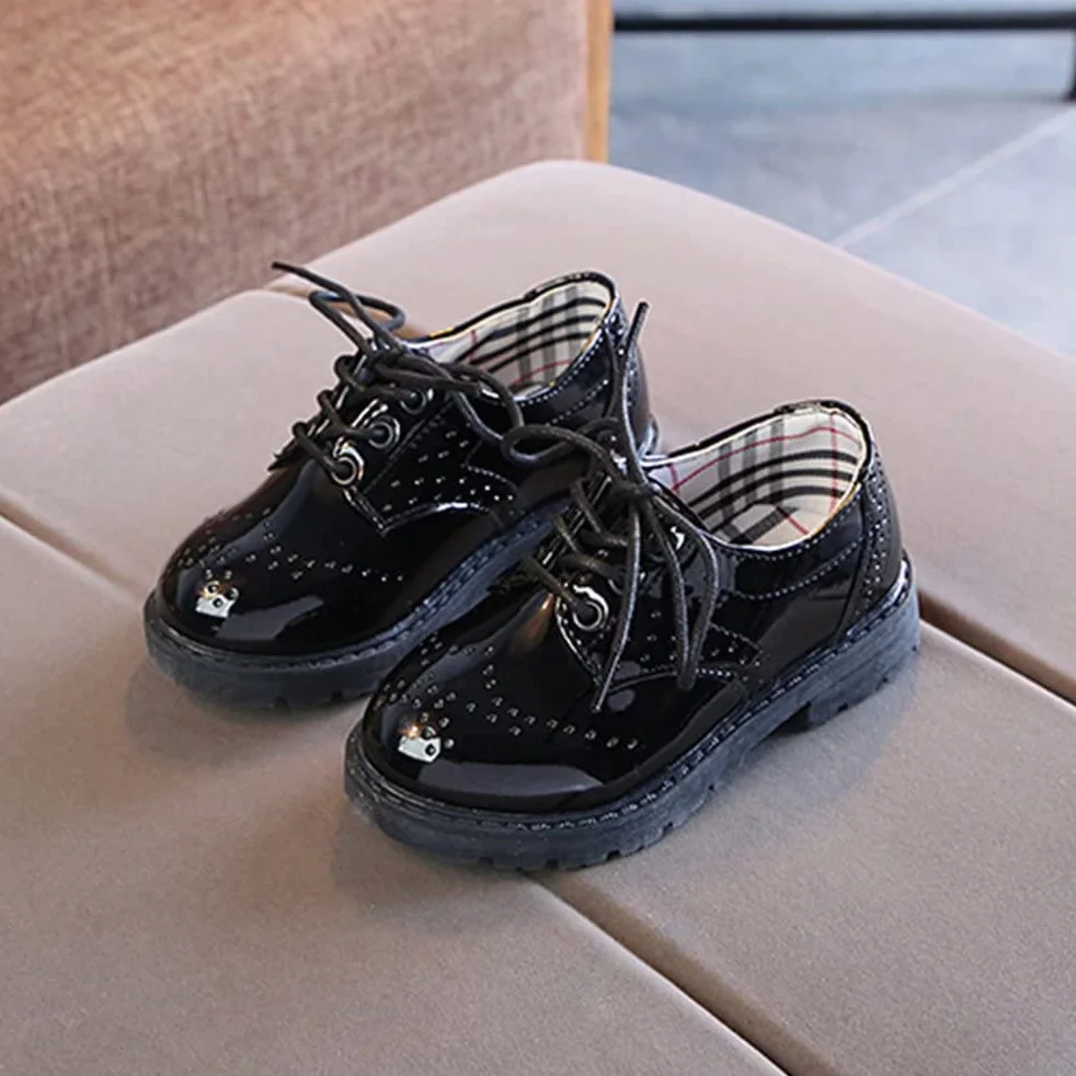 Scarpe Stringate Basse per Bambini e Ragazzi Oxford Brogue Vernice Scarpe Eleganti Bambina Impermeabili Leggere 21-37