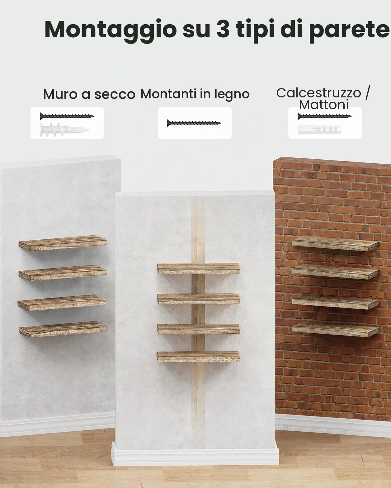 Pipishell Mensola da Muro 40 cm, Mensole in Legno di Paulownia Set da 4, Marrone Chiaro
