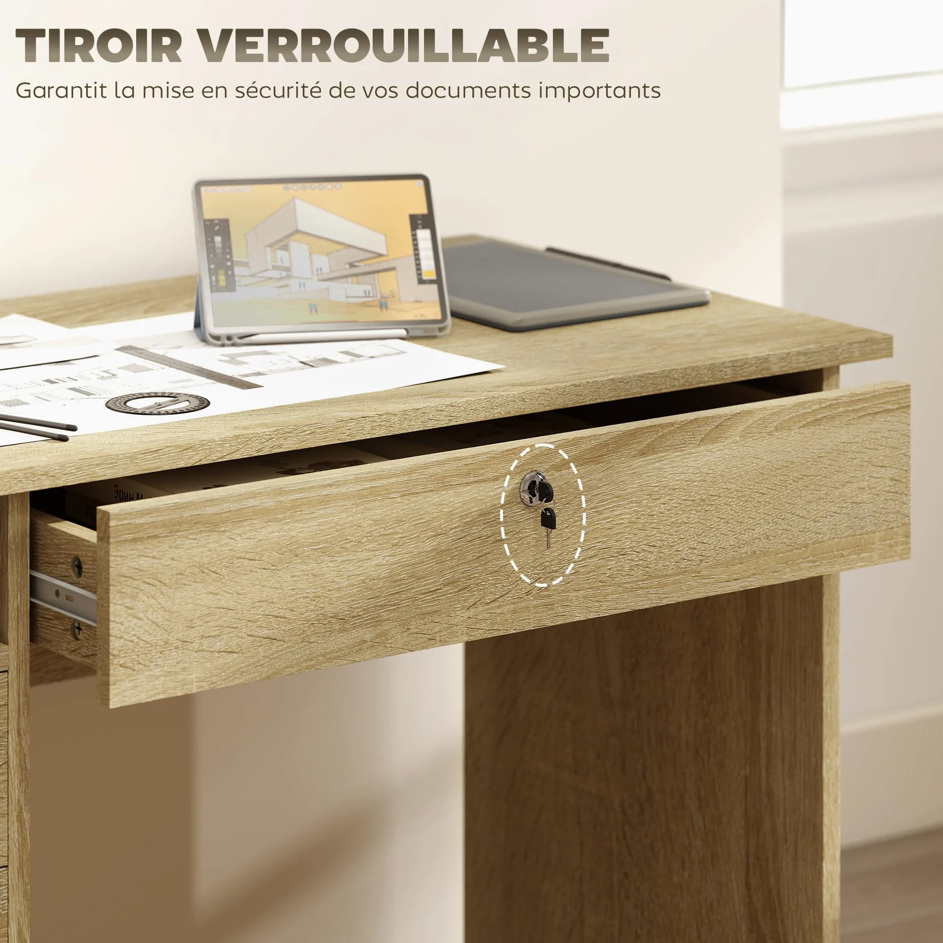 HOMCOM Tavolo per computer moderno con 5 cassetti, ampio piano, 1 scomparto aperto, cassetto con serratura, 110 x 50 x 76 cm, rovere