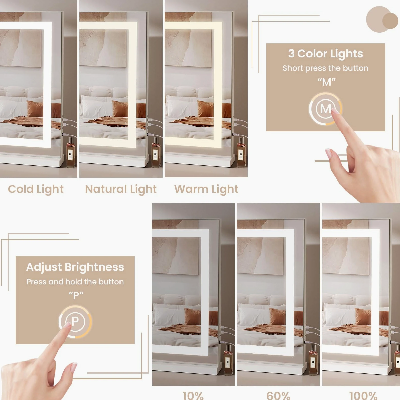 Dripex Specchio da Trucco Illuminato a LED, 80x58 cm (L x H), Controllo Tattile, 3 Modalità di Colore della Luce, Luminosità Regolabile, Include Specchio d'Ingrandimento, da Tavolo o da Parete, Bianco