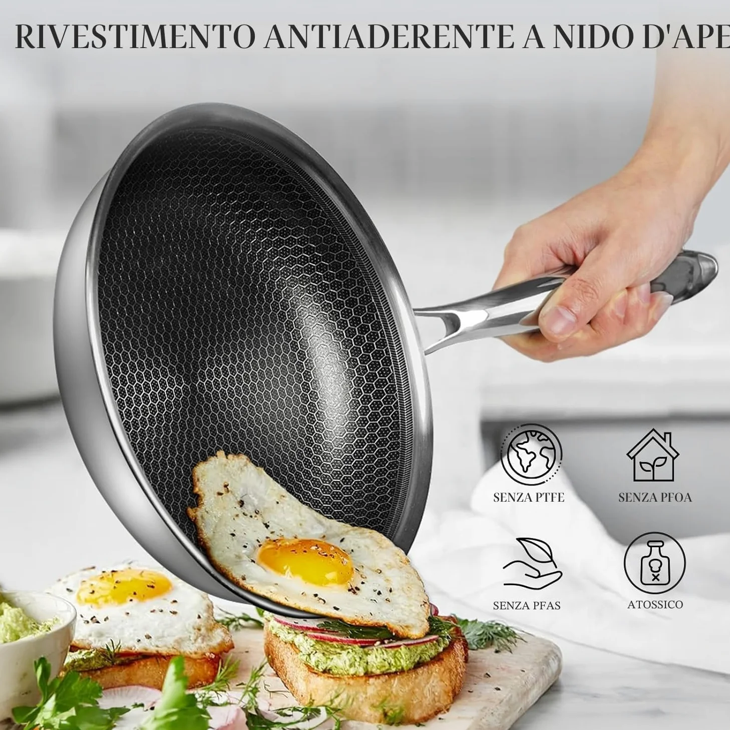 Innerwell Set di padelle Antiaderente 24/28 cm, 2 Pezzi Padella Acciaio Inox Induzione con Coperchio, Rivestimento a nido d'ape antigraffio, Padelle Adatte Per Forno, Universali Pentole, Senza PFOA