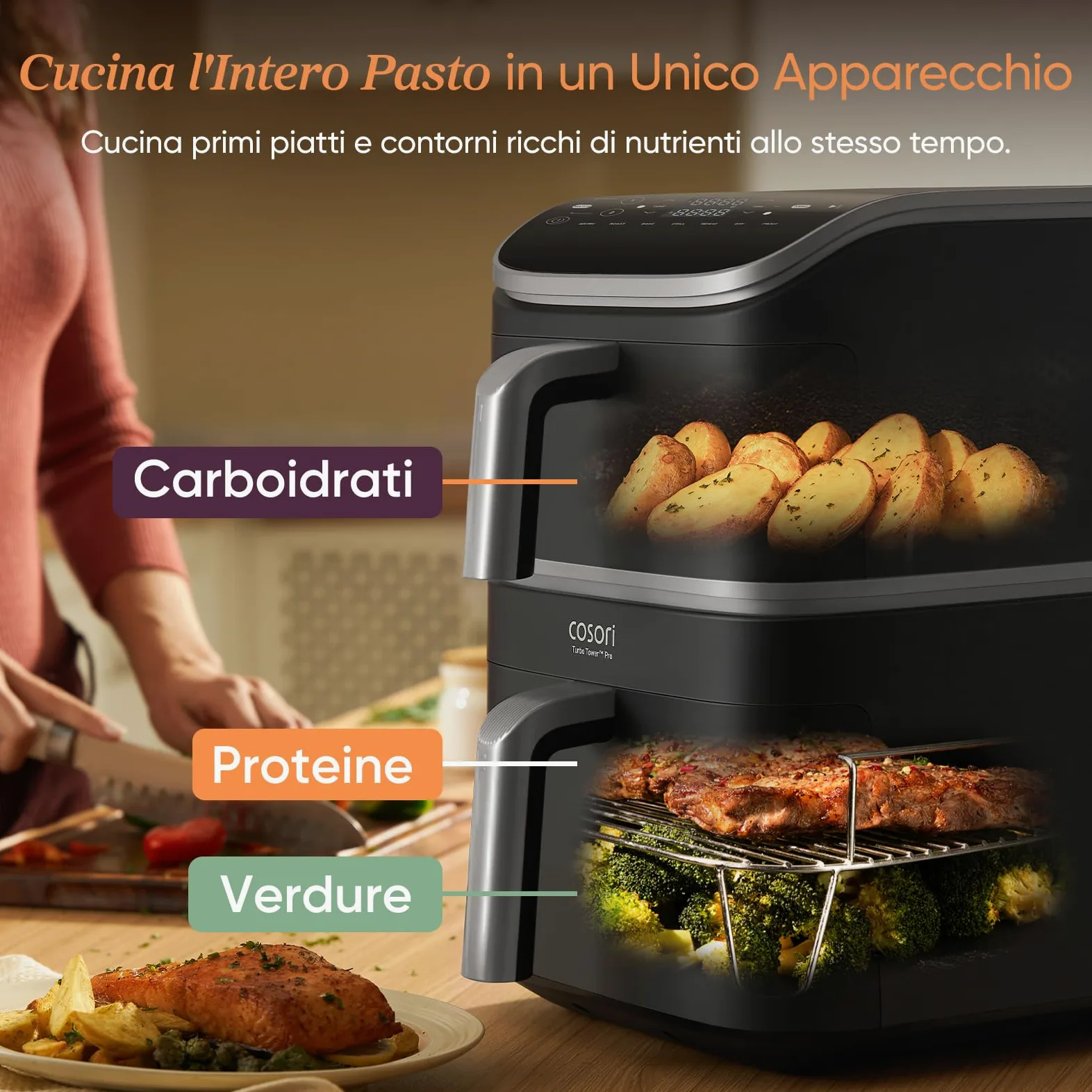 COSORI Turbo Tower Pro Friggitrice ad Aria 10,8L Doppio Cestello, Rivestimento Ceramico No PFAS, Cottura a 3 Livelli con Doppia Resistenza, 2630W, 7 Funzioni, 2 Motori DC, 50+ Ricette Online, DC112