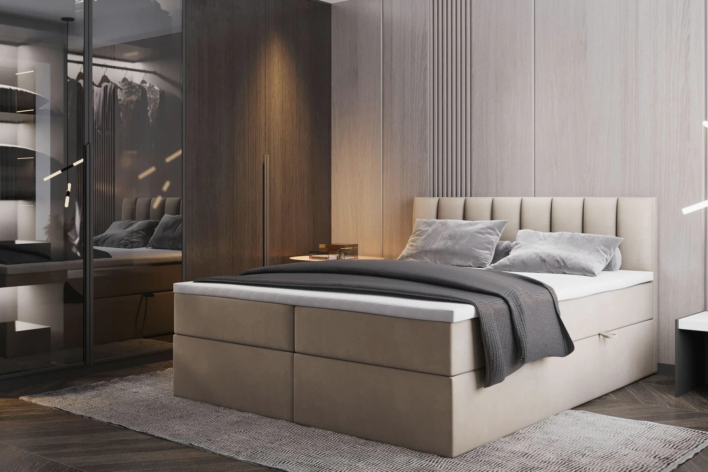TRADA Letto Contenitore Matrimoniale con Contenitori e Materasso Pocket H3 - Elegante Letto PALERMO con Materasso e Topper - Beige - 180 x 200 cm