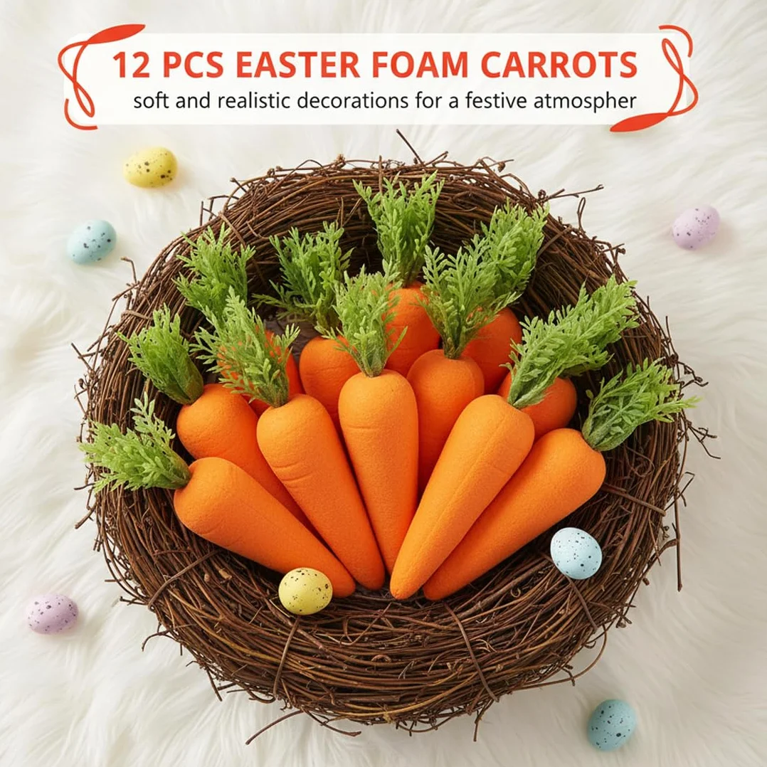 Mini Carote Artificiali Decorative, Carote Finte Realistiche per Pasqua, Decorazioni Fai da Te, Confezione 12 Pezzi