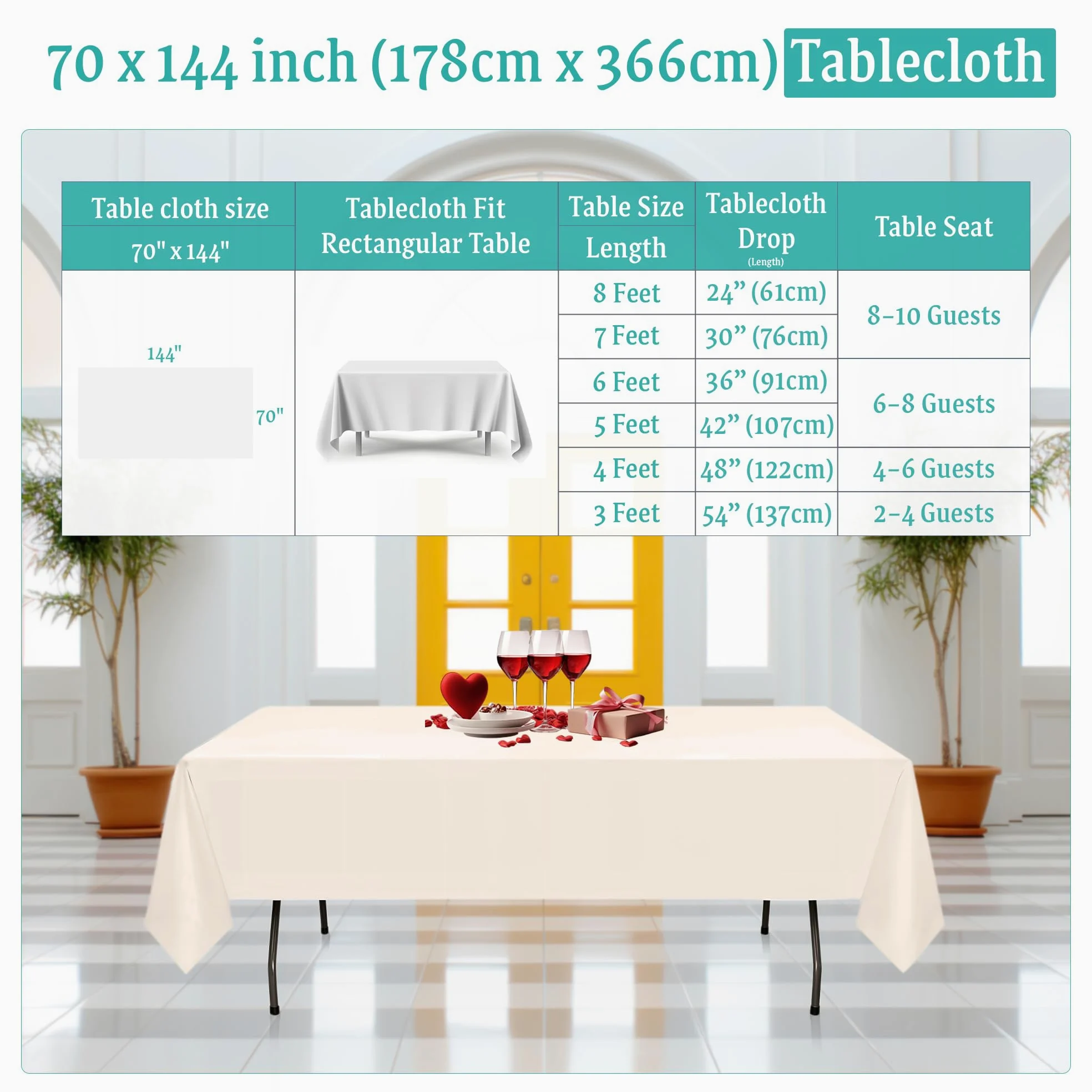 Trimming Shop Tovaglia rettangolare in poliestere avorio, 177,8 x 365,8 cm, tovaglia in tessuto lavabile per tavolo da pranzo, banchetti, matrimoni, Natale, compleanni, feste, 10 pezzi