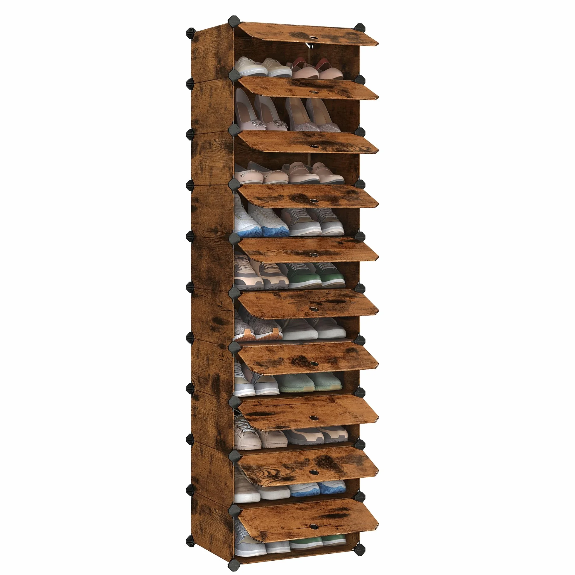SONGMICS Scarpiera 10 Scomparti Scaffale Componibile Plastica Armadietto Portascarpe Ante Marrone Vintage