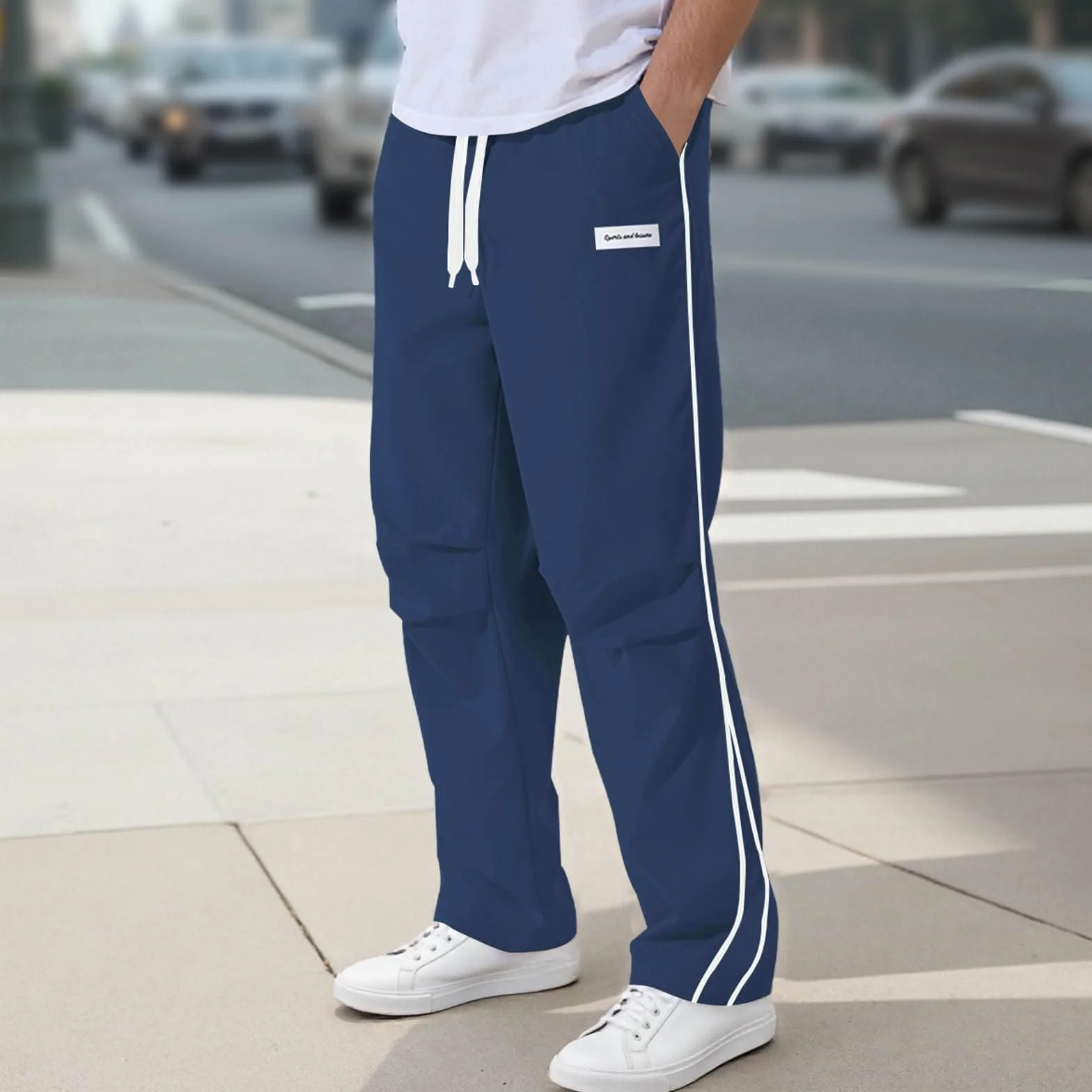 Generisch Pantaloni da jogging da uomo a strisce laterali, pantaloni lunghi da allenamento, con tasche, con coulisse, per il tempo libero, da uomo, senza polsini, pantaloni sportivi