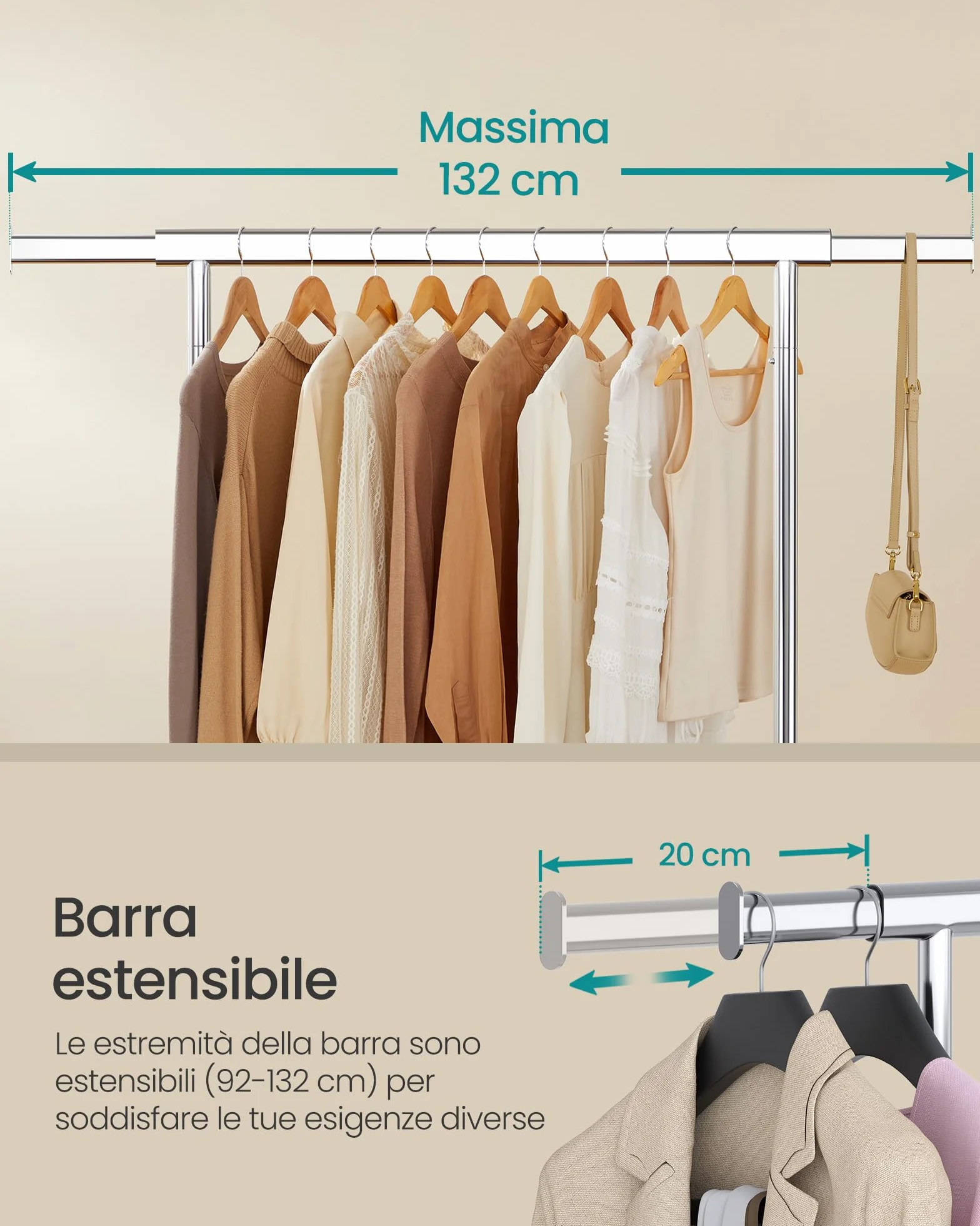 SONGMICS Stand Appendiabiti con Ruote, Estensibile, Portata 100 kg, 45 x 92-132 x 161,5 cm, Argento HSR13S