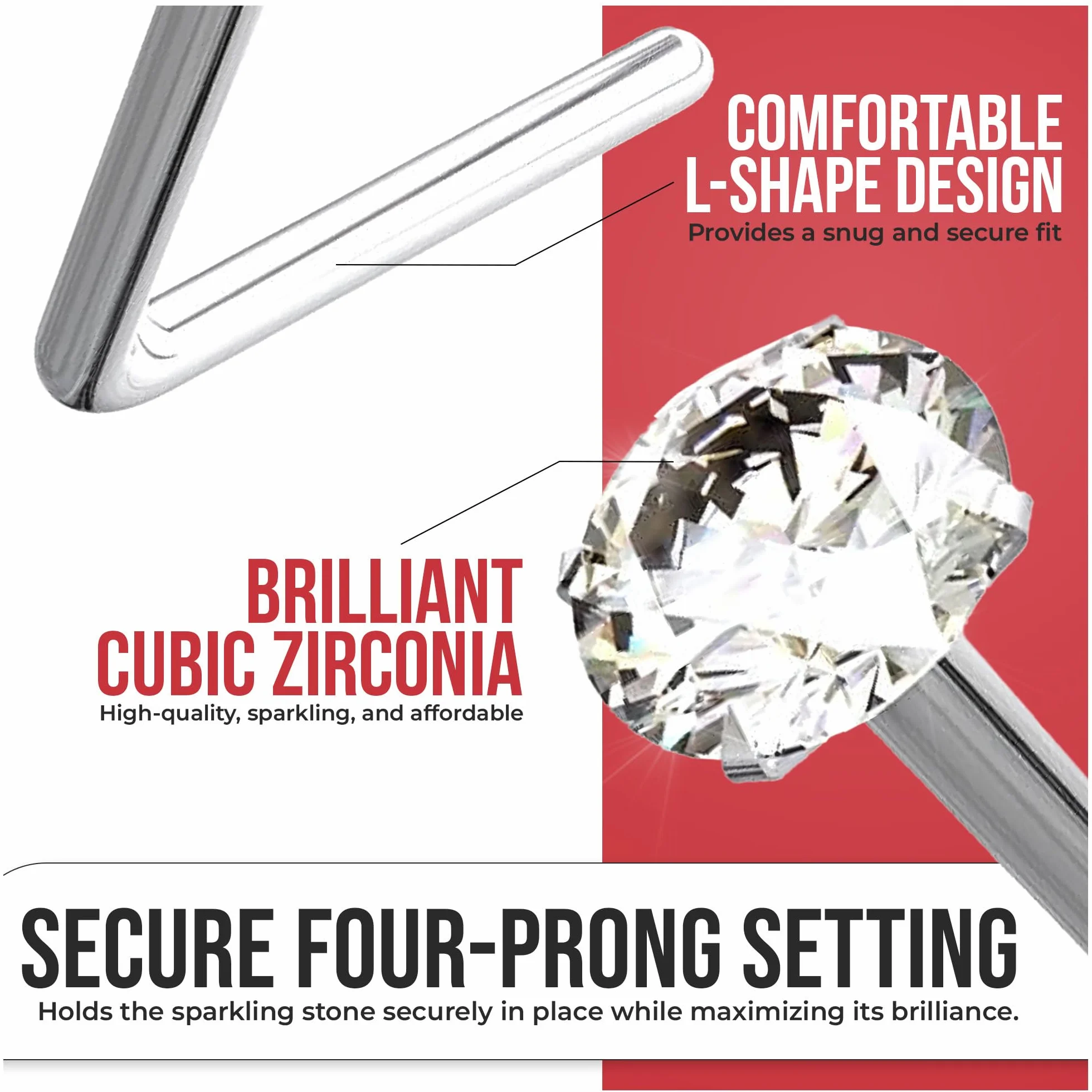 Perno del naso Piercing in Oro Bianco 9k con CZ Rotondo Forcone L Bend