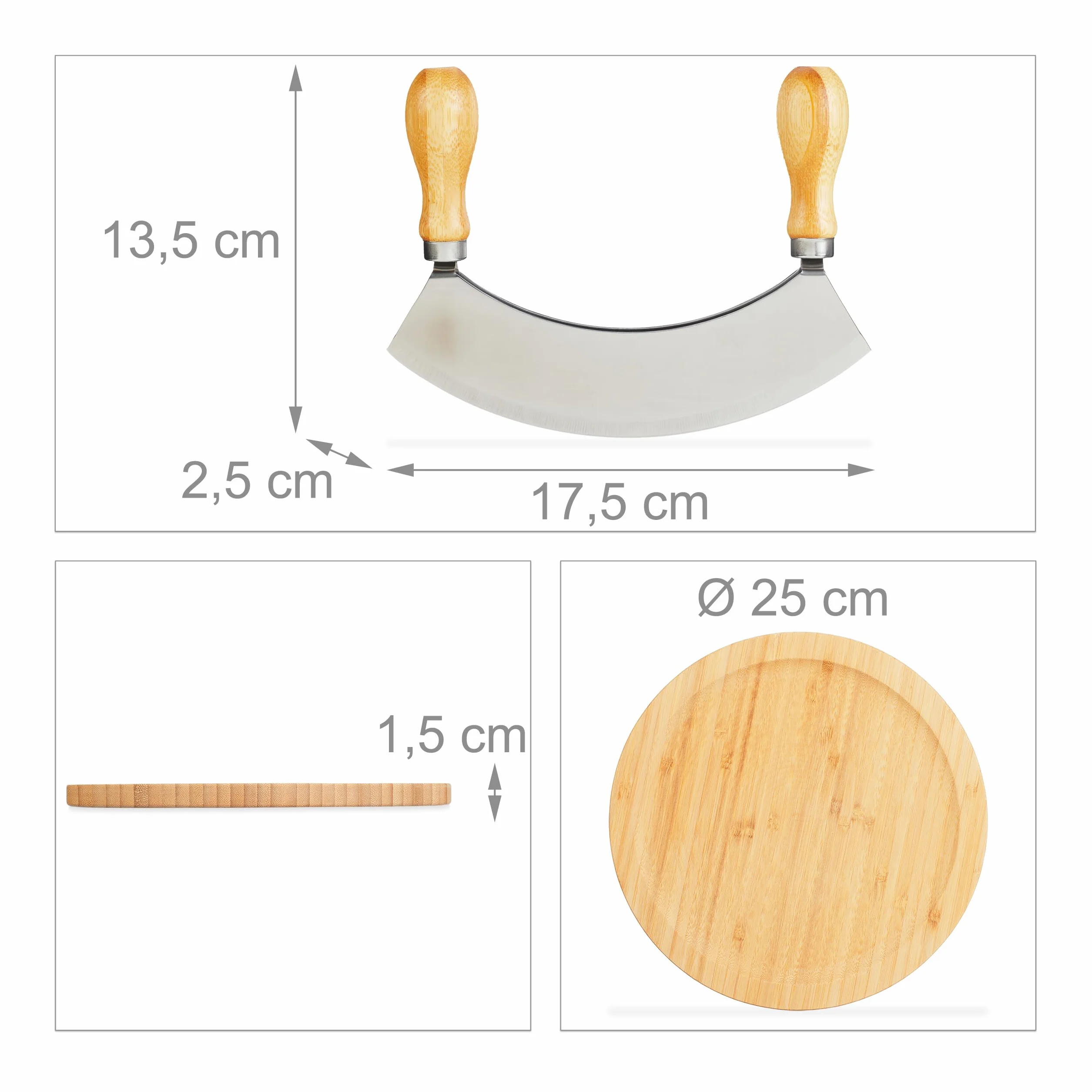 Relaxdays Mezzaluna con Tagliere Ø 25cm, Coltello a Doppia Lama Trita Erbe, in Acciaio Inox e bambù, Naturale Argentato